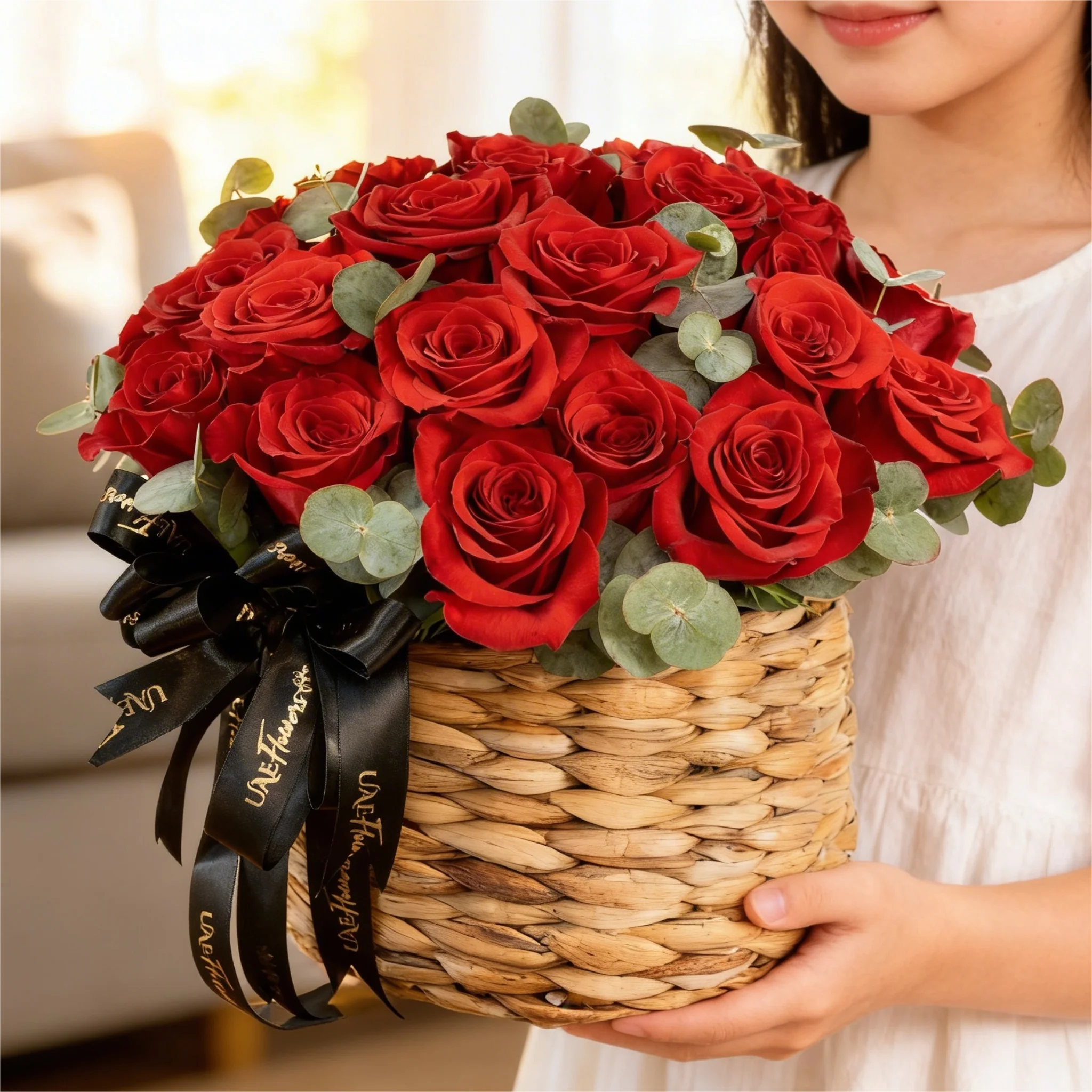 25 Red Roses in a Round Basket