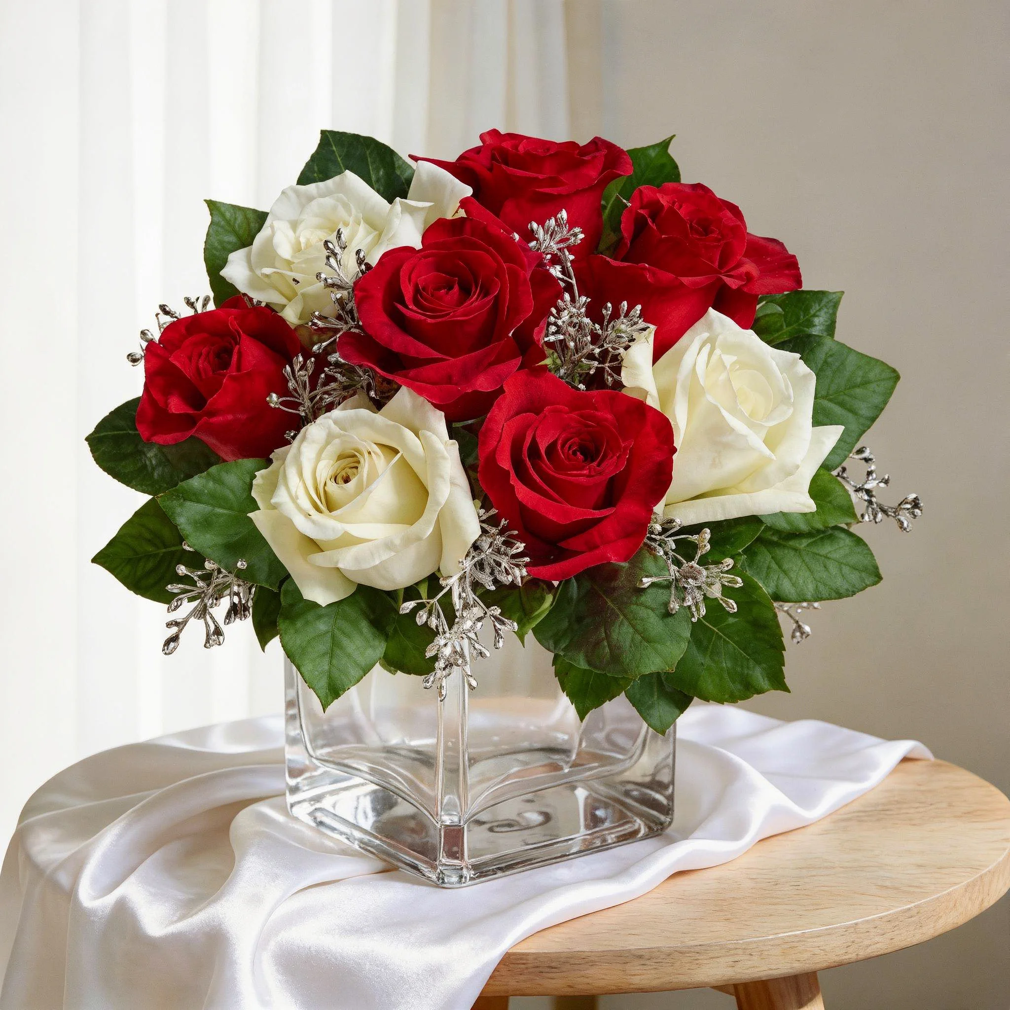 7 red and 5 white roses with greens and gypsophilia in a square glass vase