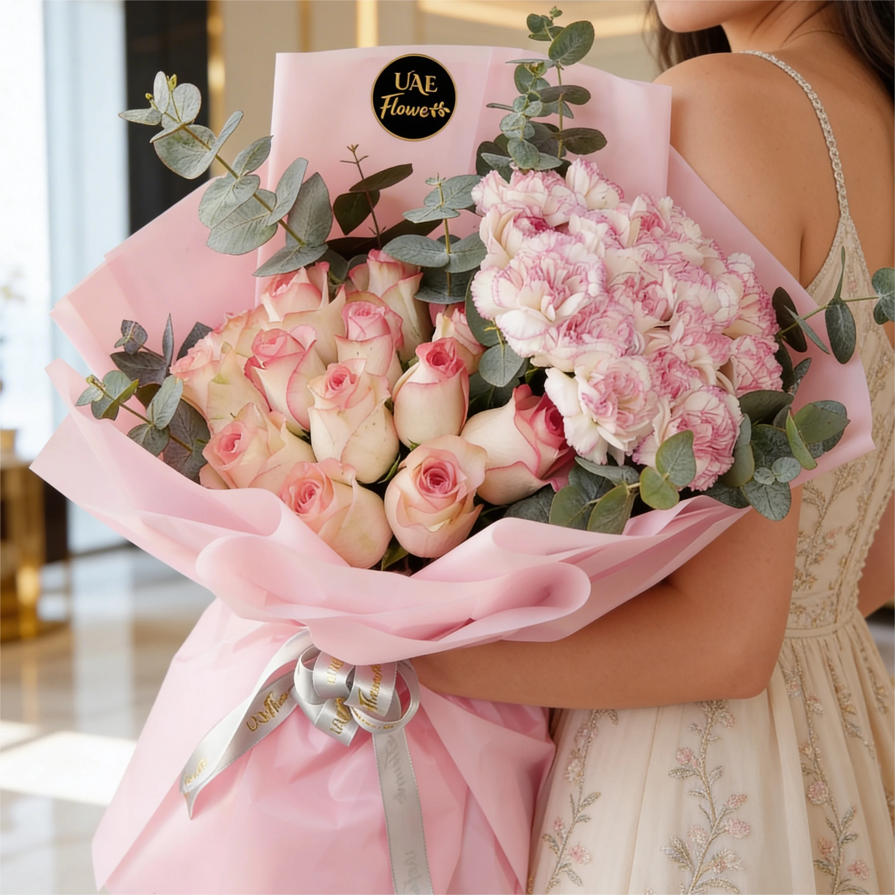 Bouquet of 15 pink carnations and 15 pink roses with green fillers in pink wrapping.