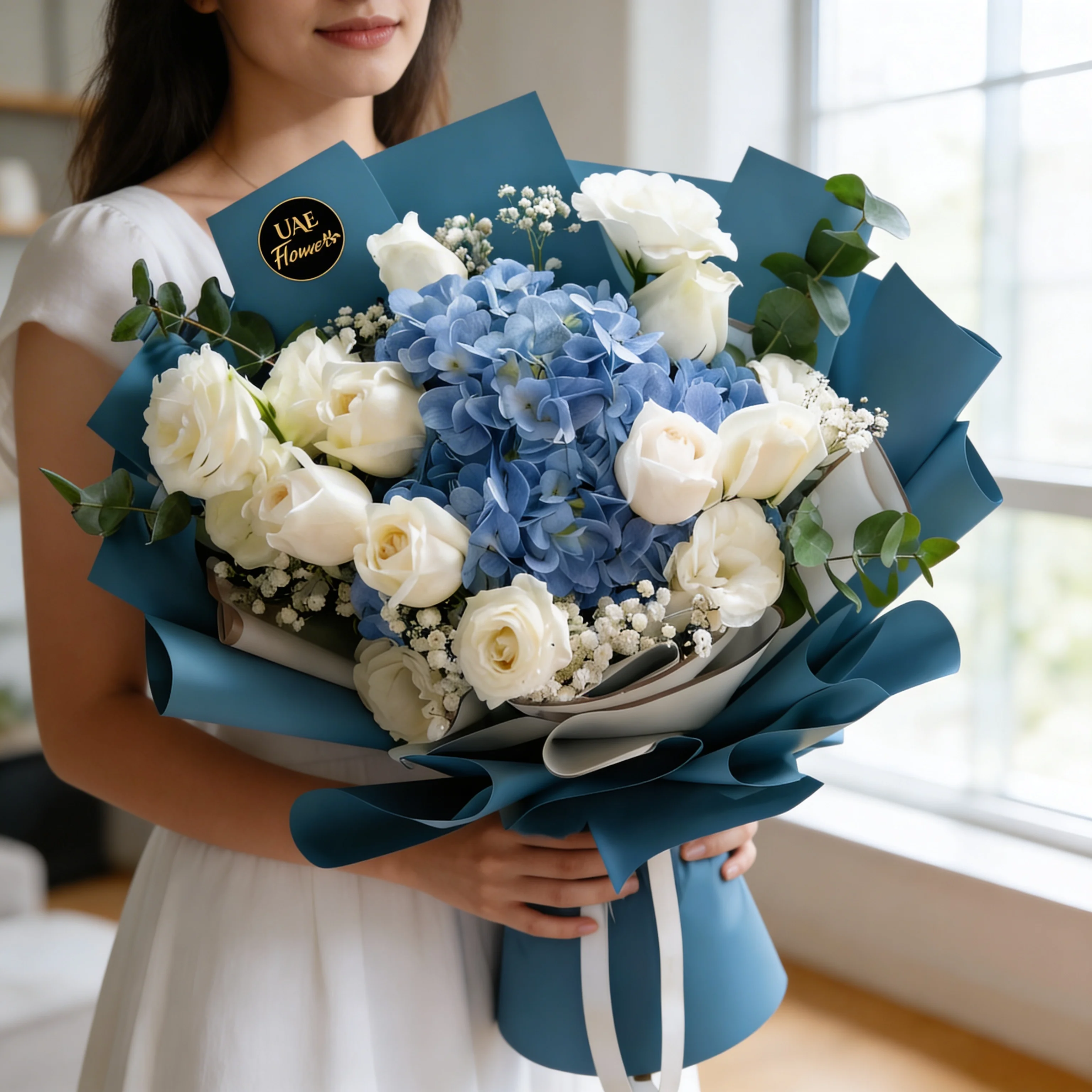 A bouquet of 1 blue hydrangea and 14 white rose with baby breath in blue and white wrapping paper tied with white ribbon