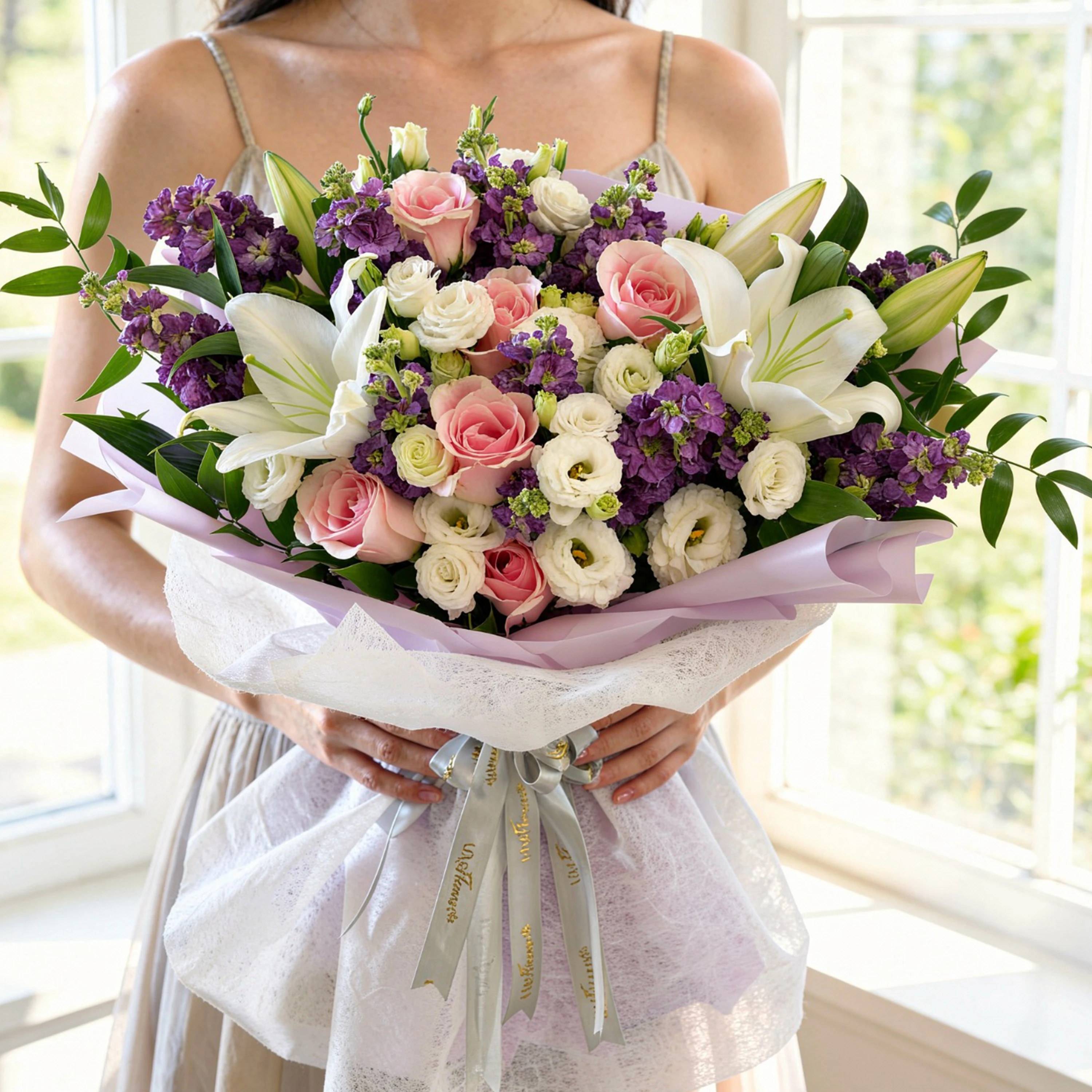 Bouquet of 2 white lilies, 10 purple matthiola, 5 white lisianthus and 8 pink roses with green fillers in nice wrapping.