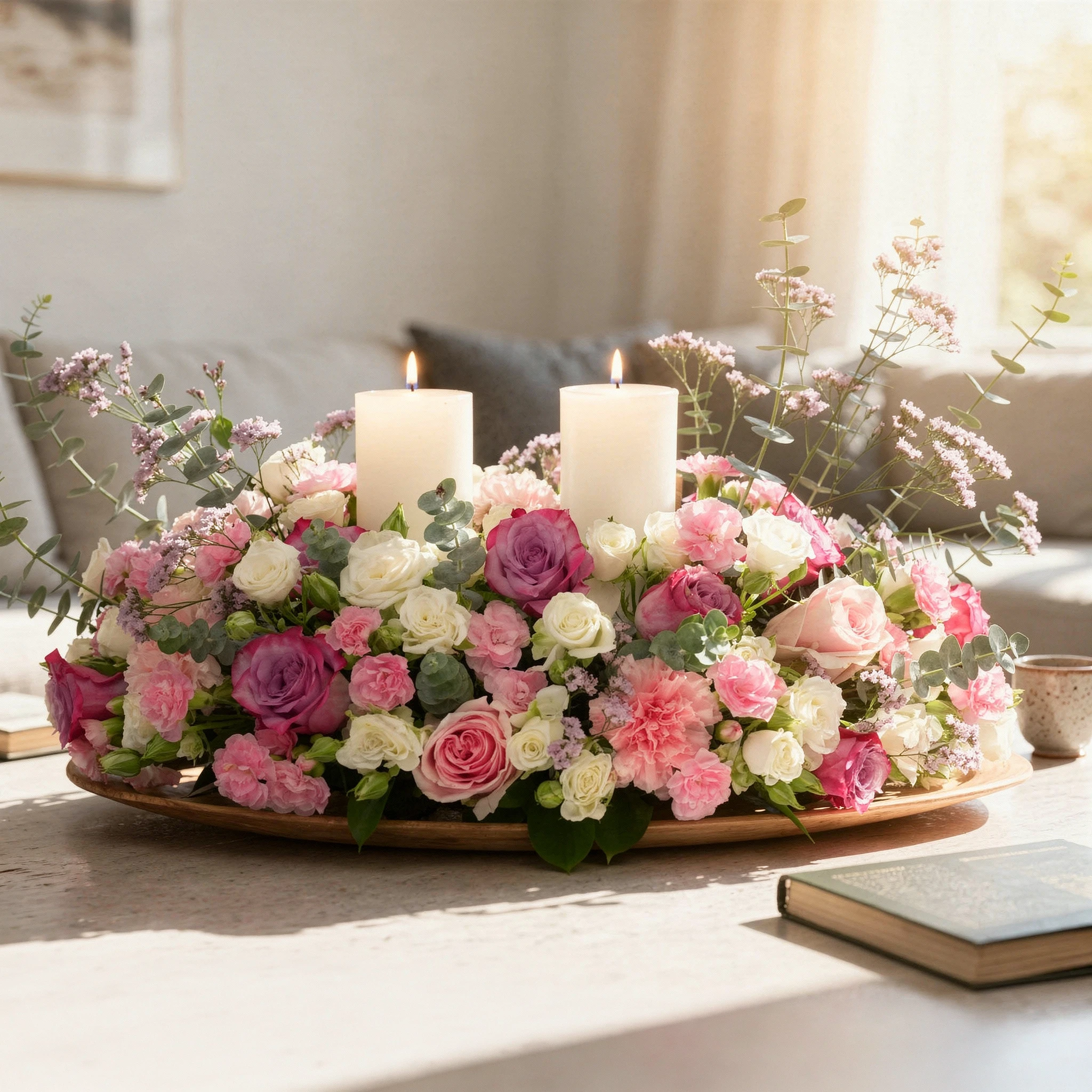 tray of 40 flowers and 2 candles, including purple, pink, and white roses, spray carnations, and limonium fillers.