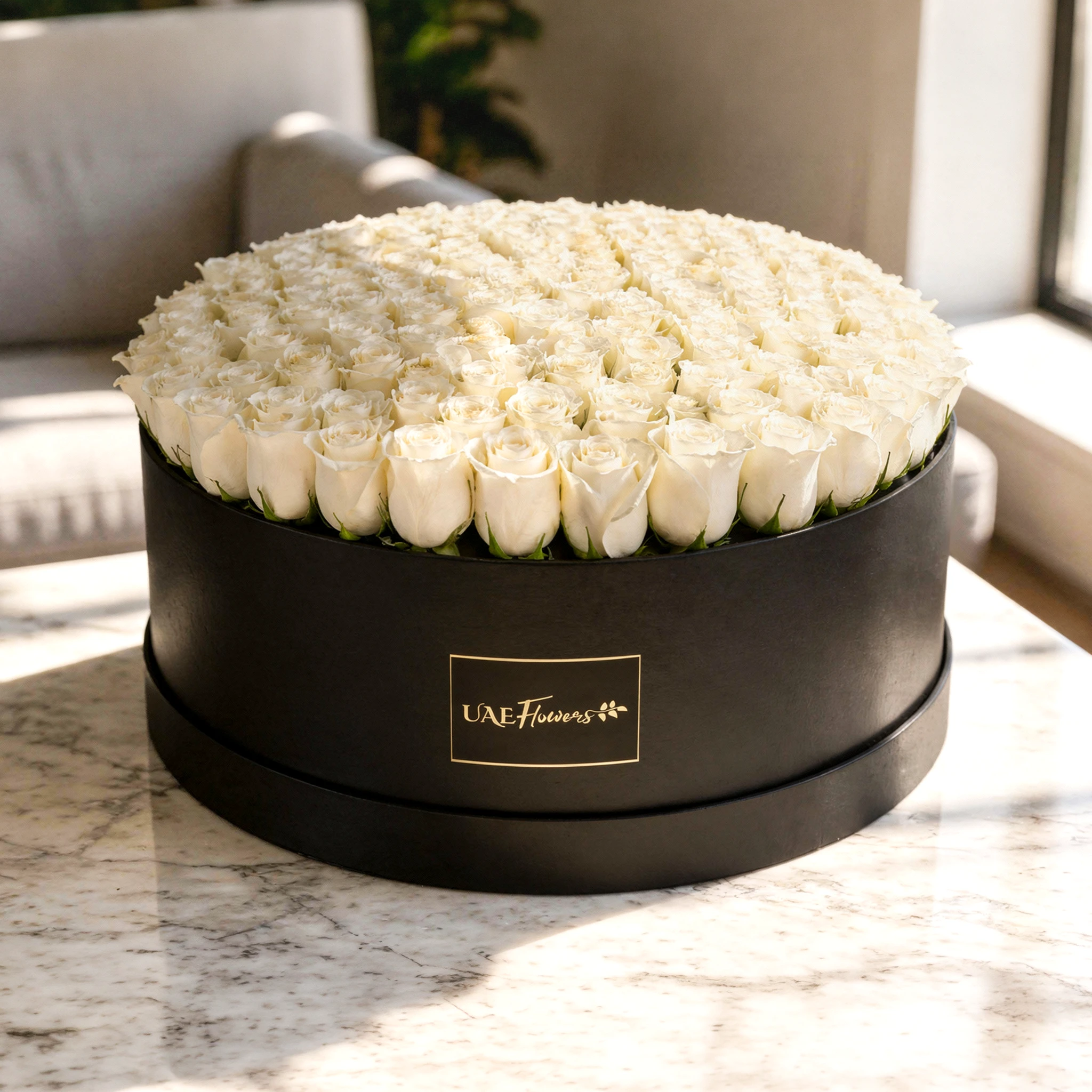 120 white roses neatly arranged in a box