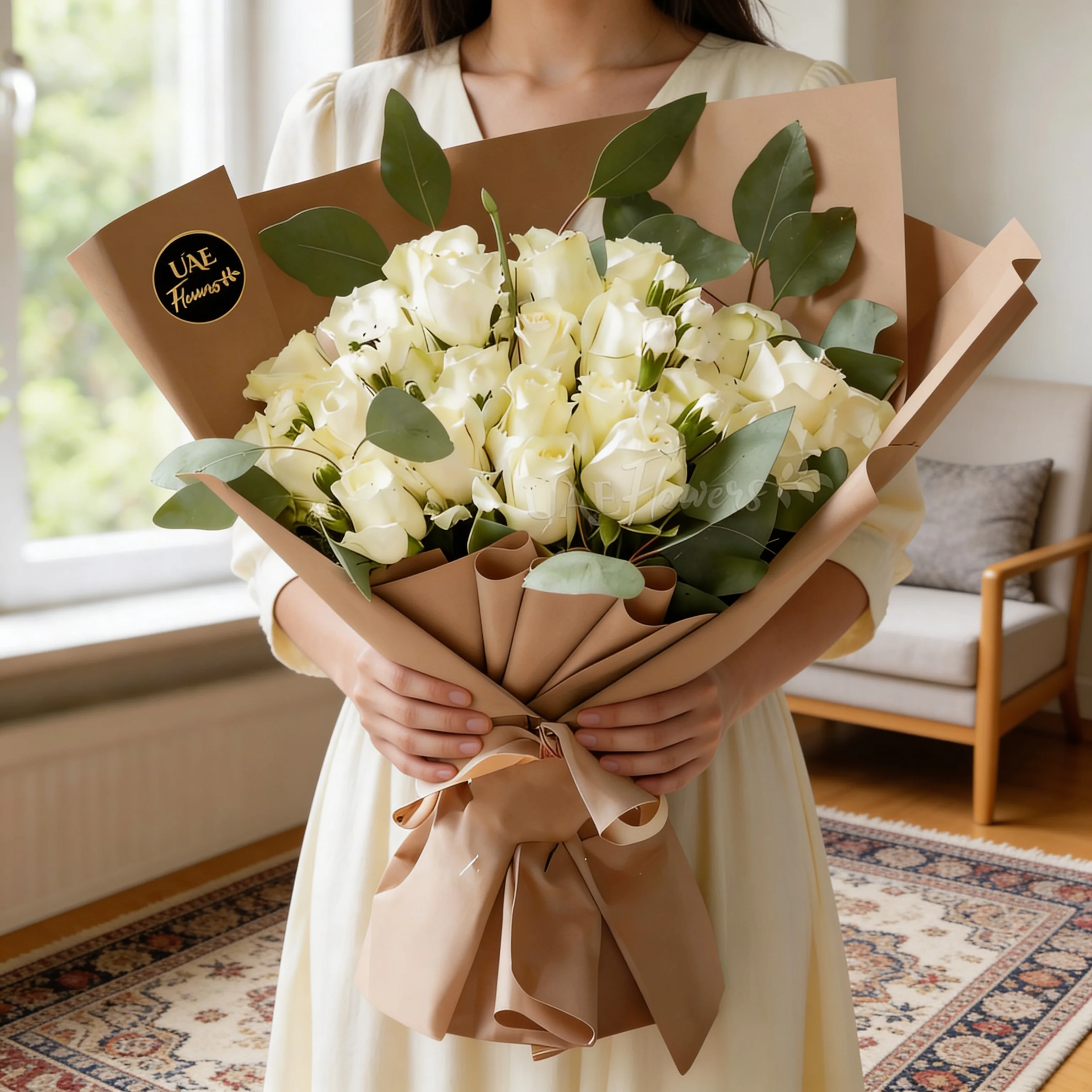 A bouquet of 20 white roses with green fillers in brown wrapping paper tied with brown ribbon