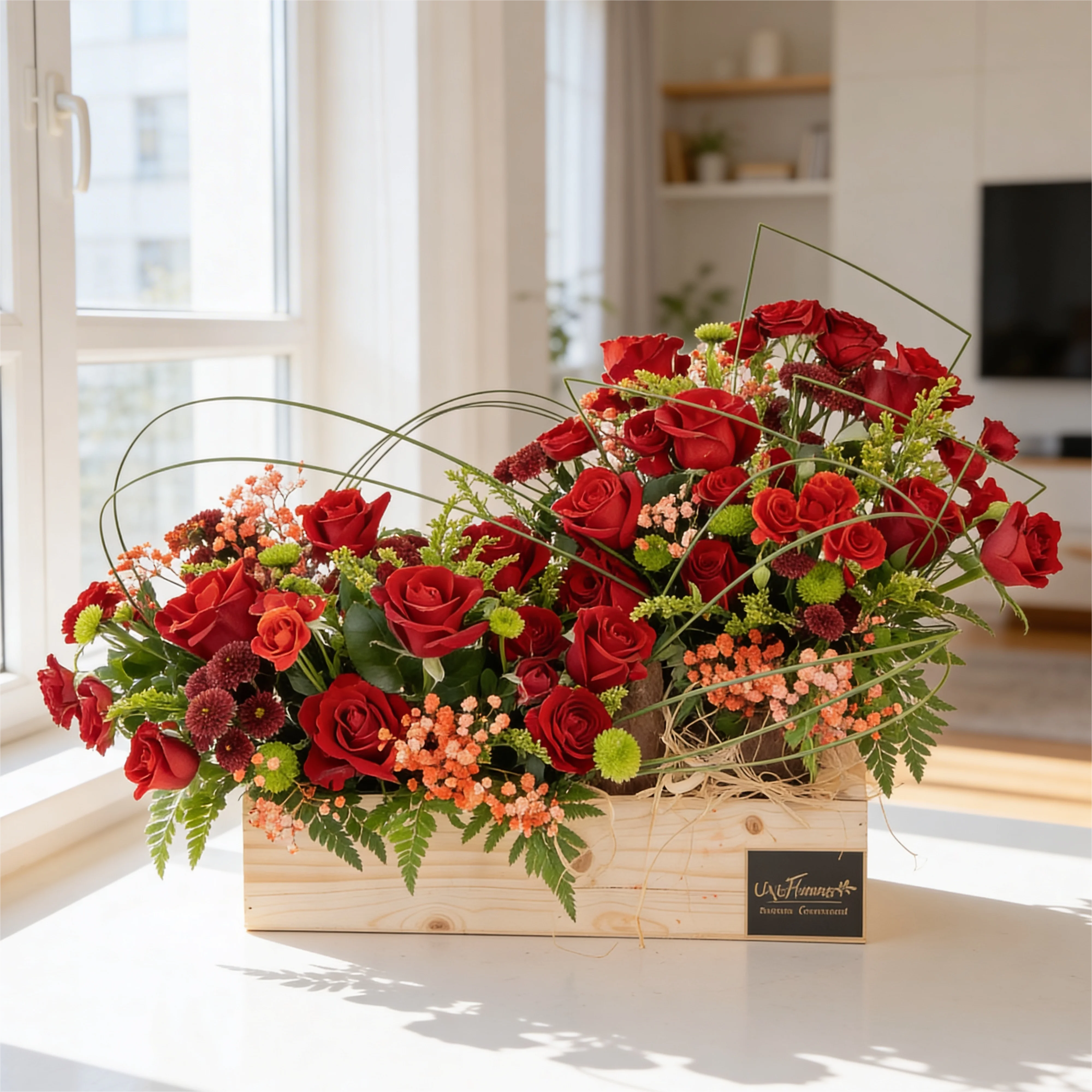 An arrangement of 15 red roses, 7 red spray roses, 4 maroon button chrysanthemums and 4 green button chrysanthemums and steel grass with green fillers in a wooden tray.
