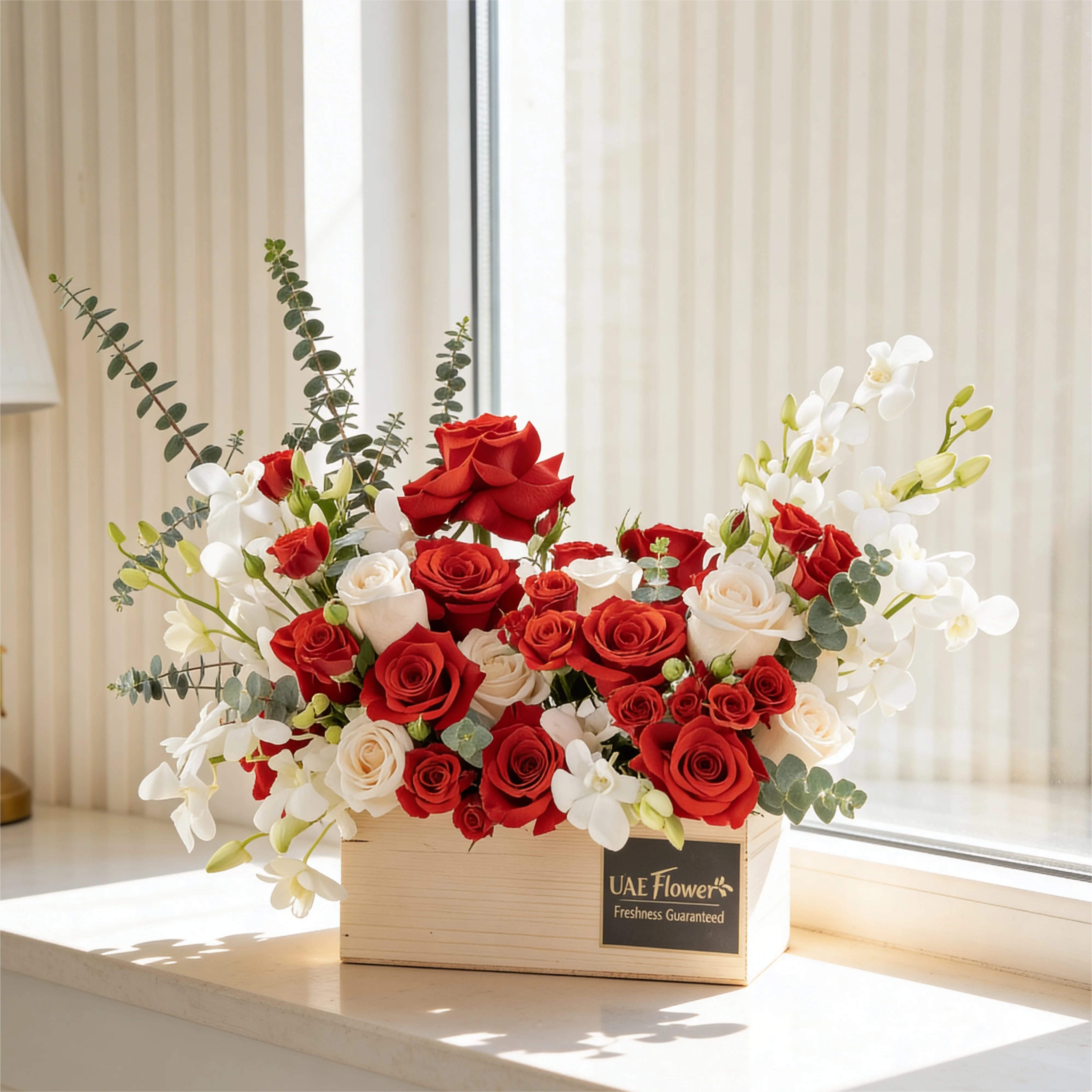 8 red roses, 6 white roses, 5 white orchids and 3 red spray roses with eucalyptus leaf in a wooden tray.