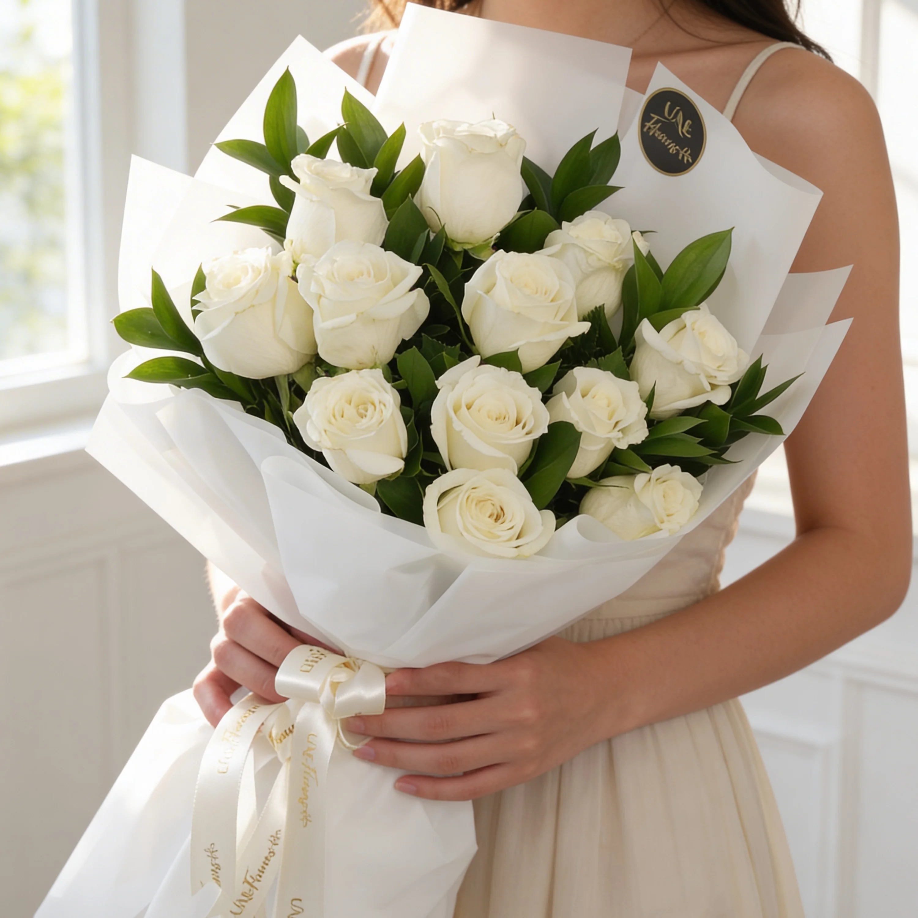 Bouquet of 12 white roses with green fillers in white wrapping paper.