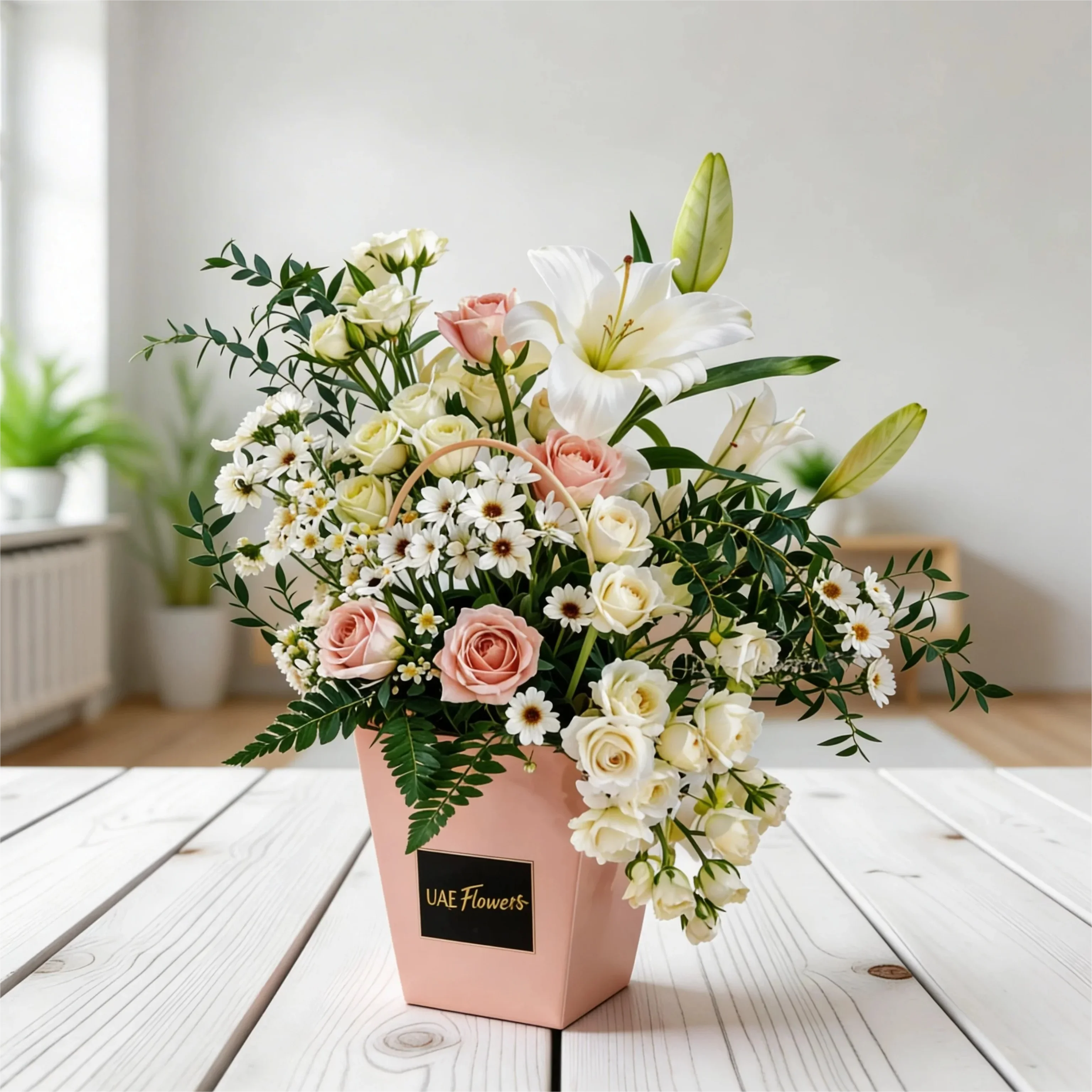 1 white lily, 4 white spray roses, 4 peach roses, and 3 white chrysanthemums