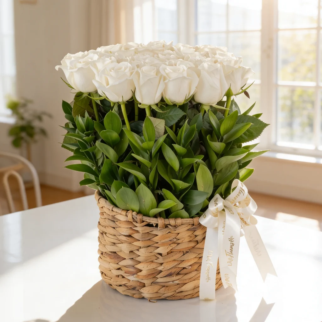 18 White Roses in a Basket