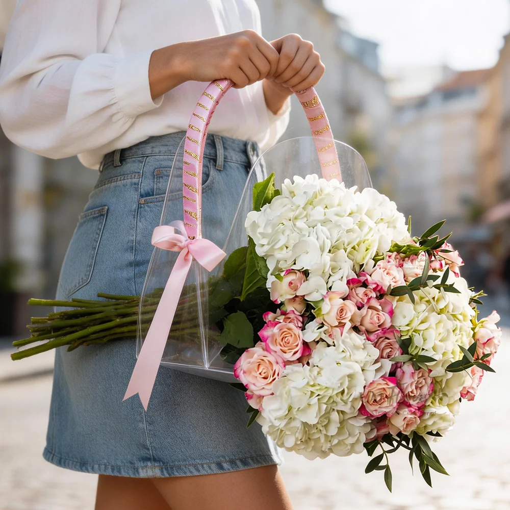 floral bag with 5 white hydrangeas and 5 pink spray roses