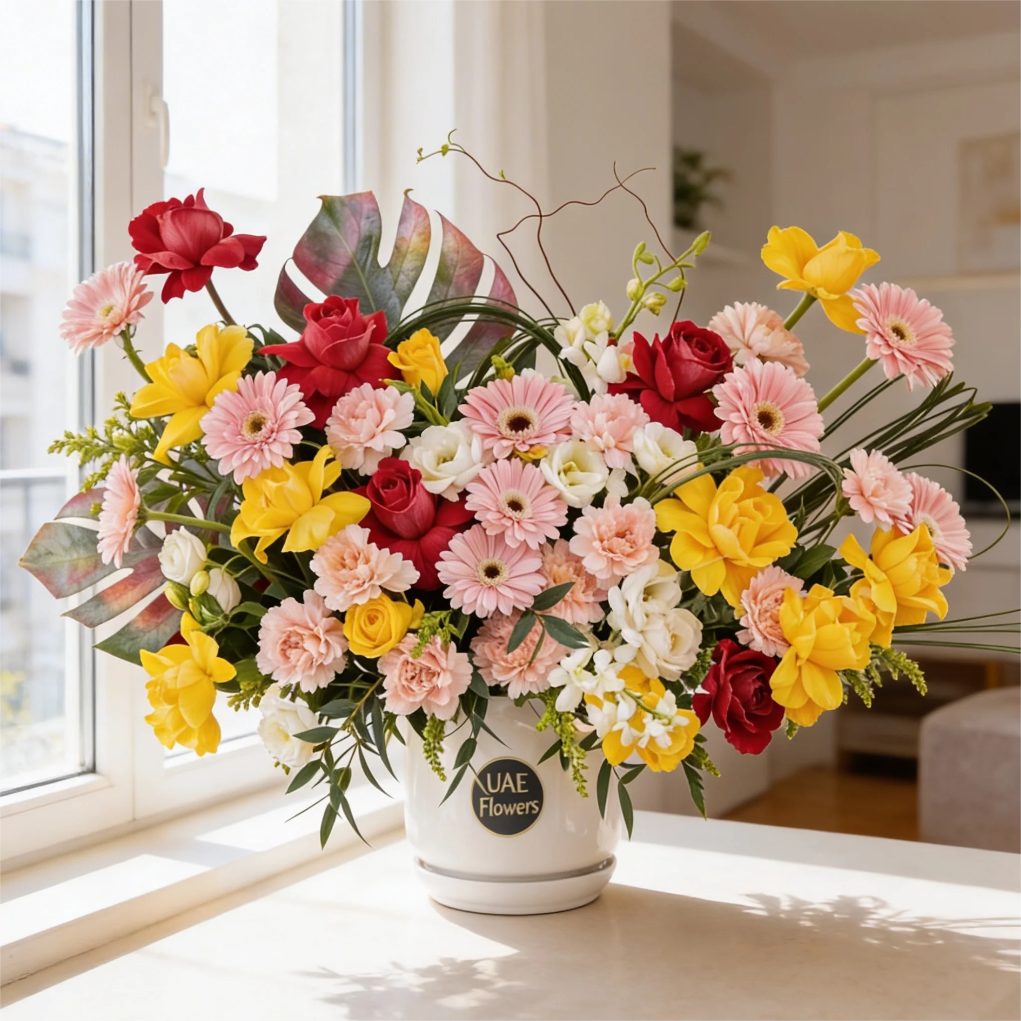 An arrangement of 10 yellow roses, 5 fuchsia roses, 10 pink gerberas, 12 pink carnations, 4 white lisianthus, 4 white orchids with green fillers in a ceramic pot.