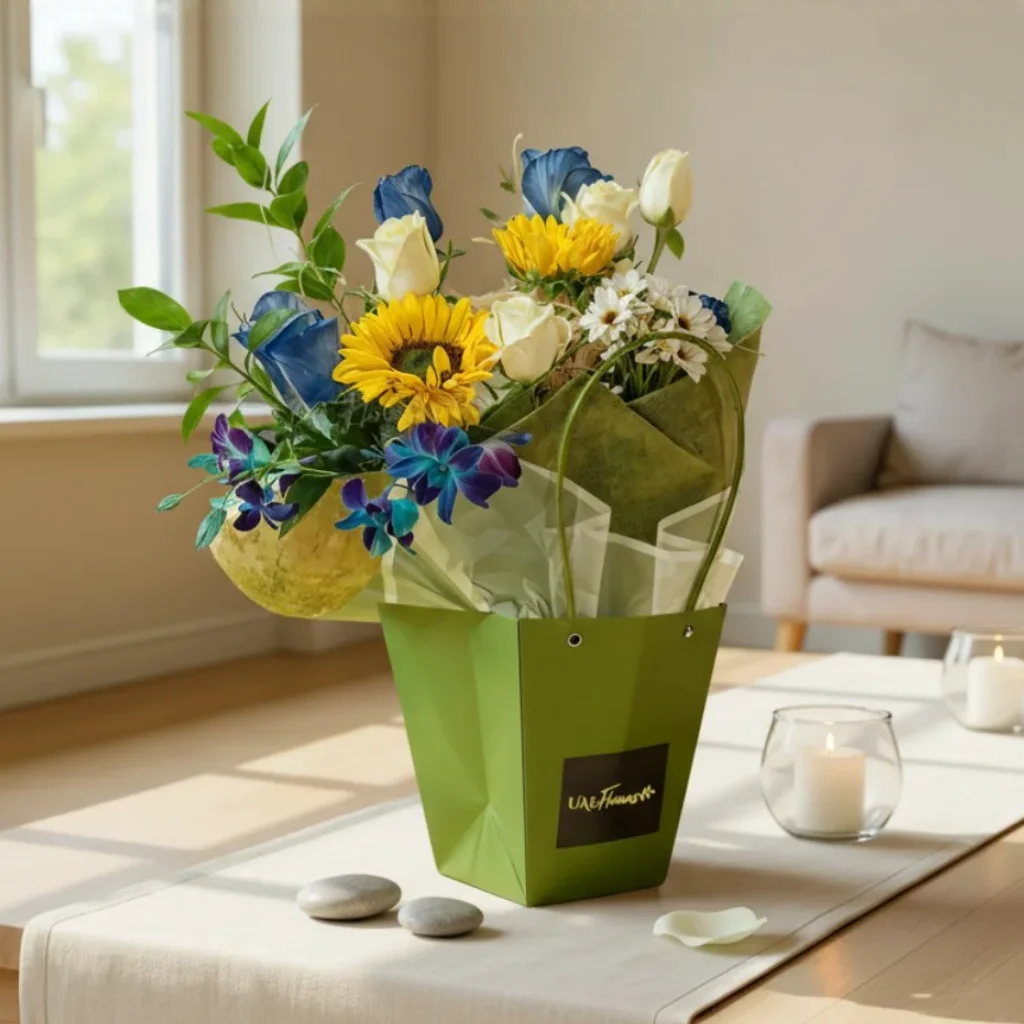 sunflowers, white and blue roses, blue orchids, white chrysanthemums