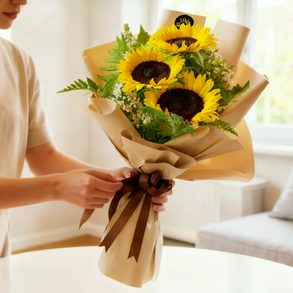 online bouquet of 3 sunflowers with green fillers