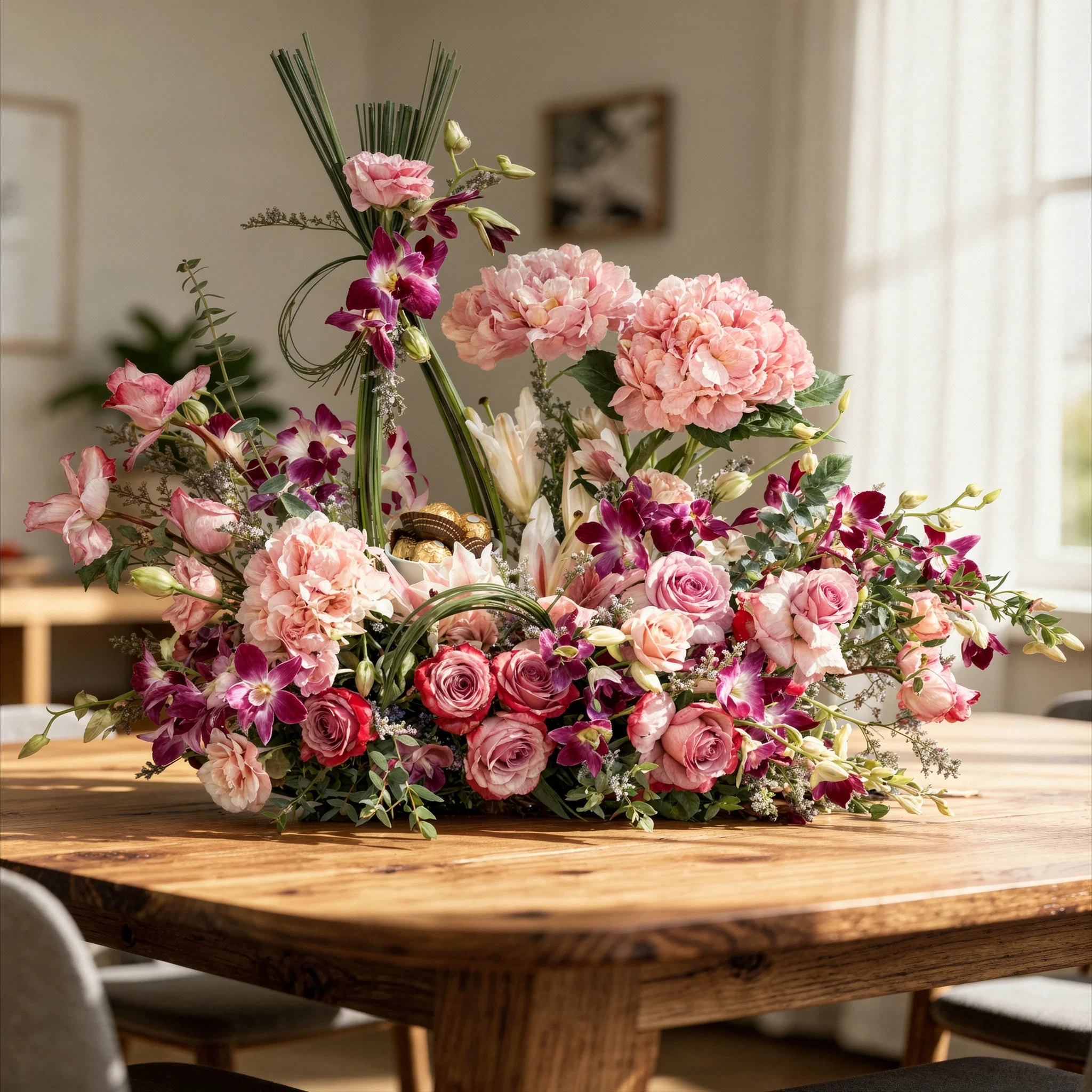 An arrangement of 12 purple roses, 15 purple orchids, 1 pink lily, 2 pink alstromeria, 5 pink lisianthus, 3 pink hydrangeas, bunch of steel grass and 8pcs Ferrero rocher chocolate with green fillers on a wooden log.