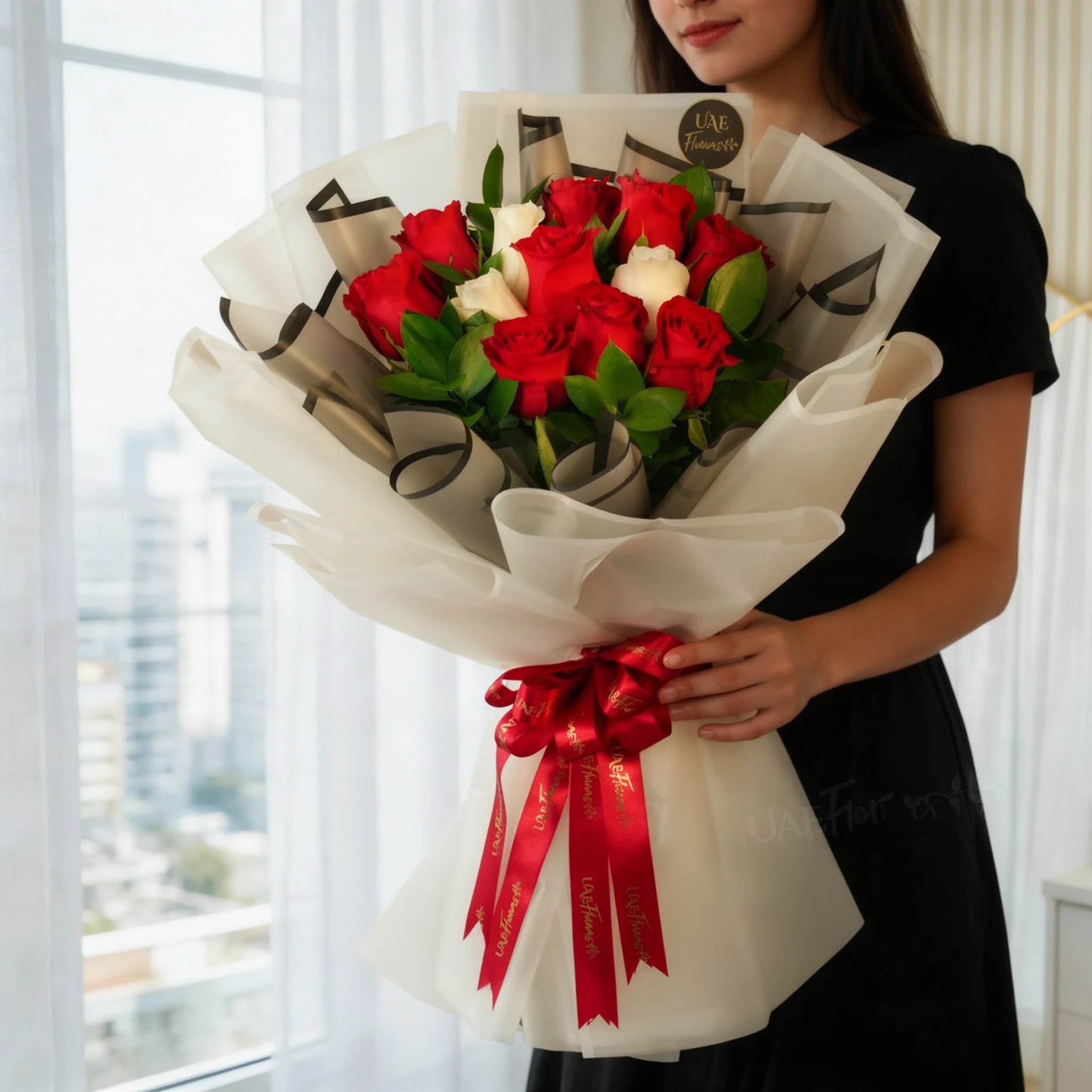 bouquet with 9 red roses and 3 white roses