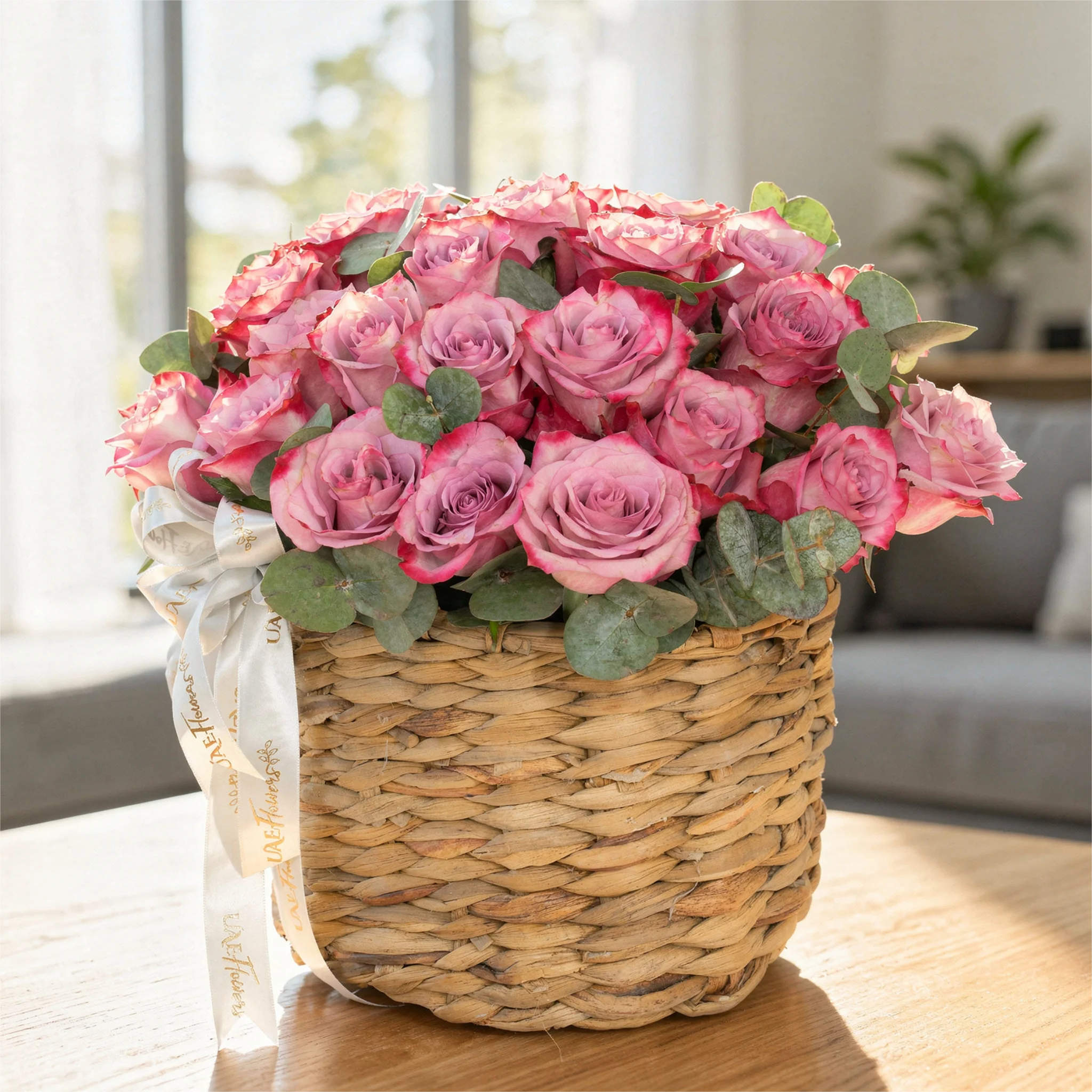 24 Purple Roses in a Basket