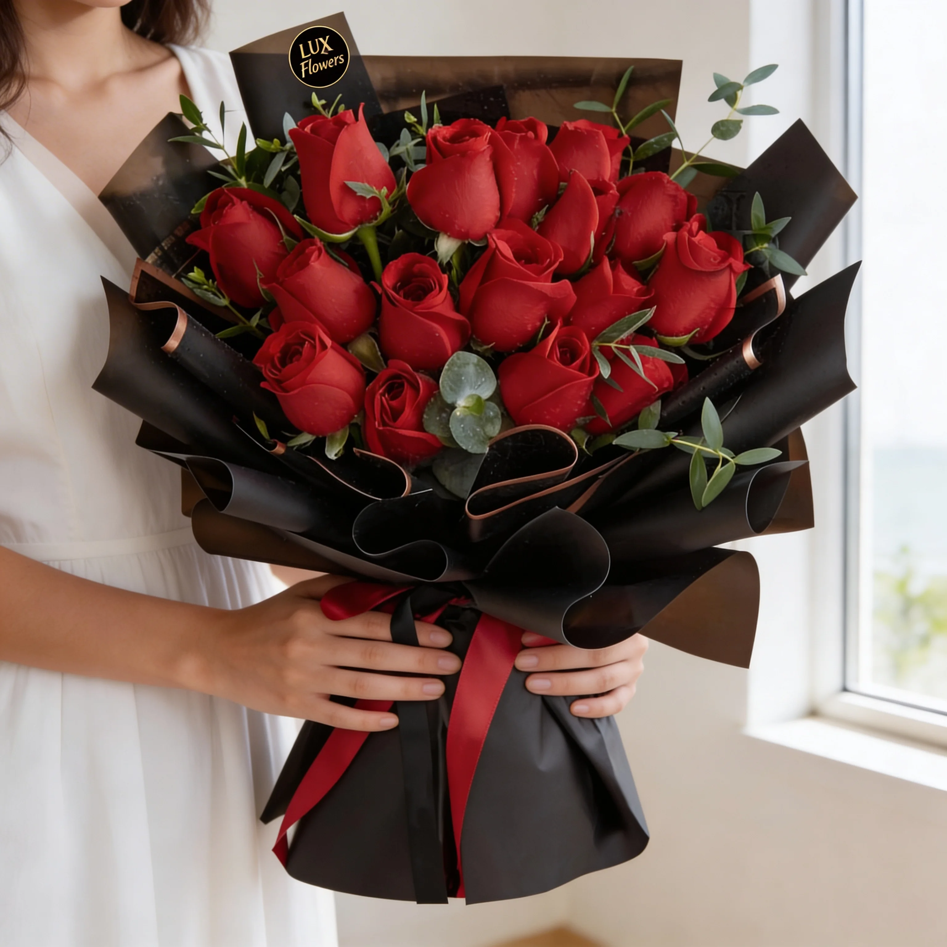 A bouquet of 12 red roses with fillers in a black wrapping paper tied with red ribbon