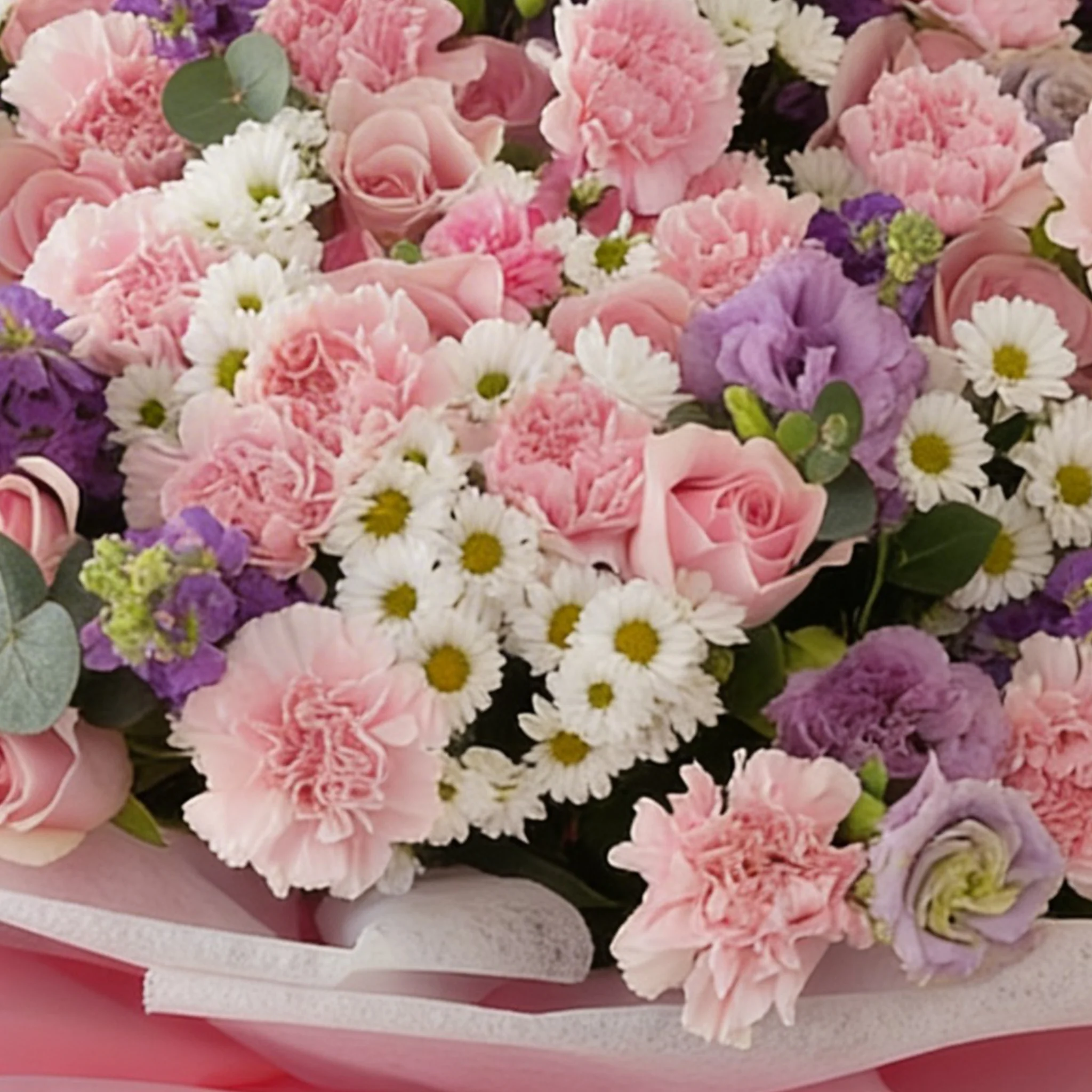 Bouquet of 10 purple matthiola, 10 white chrysanthemums, 10 purple lisianthus, 30 pink carnations and 50 pink roses with green fillers in nice wrapping.
