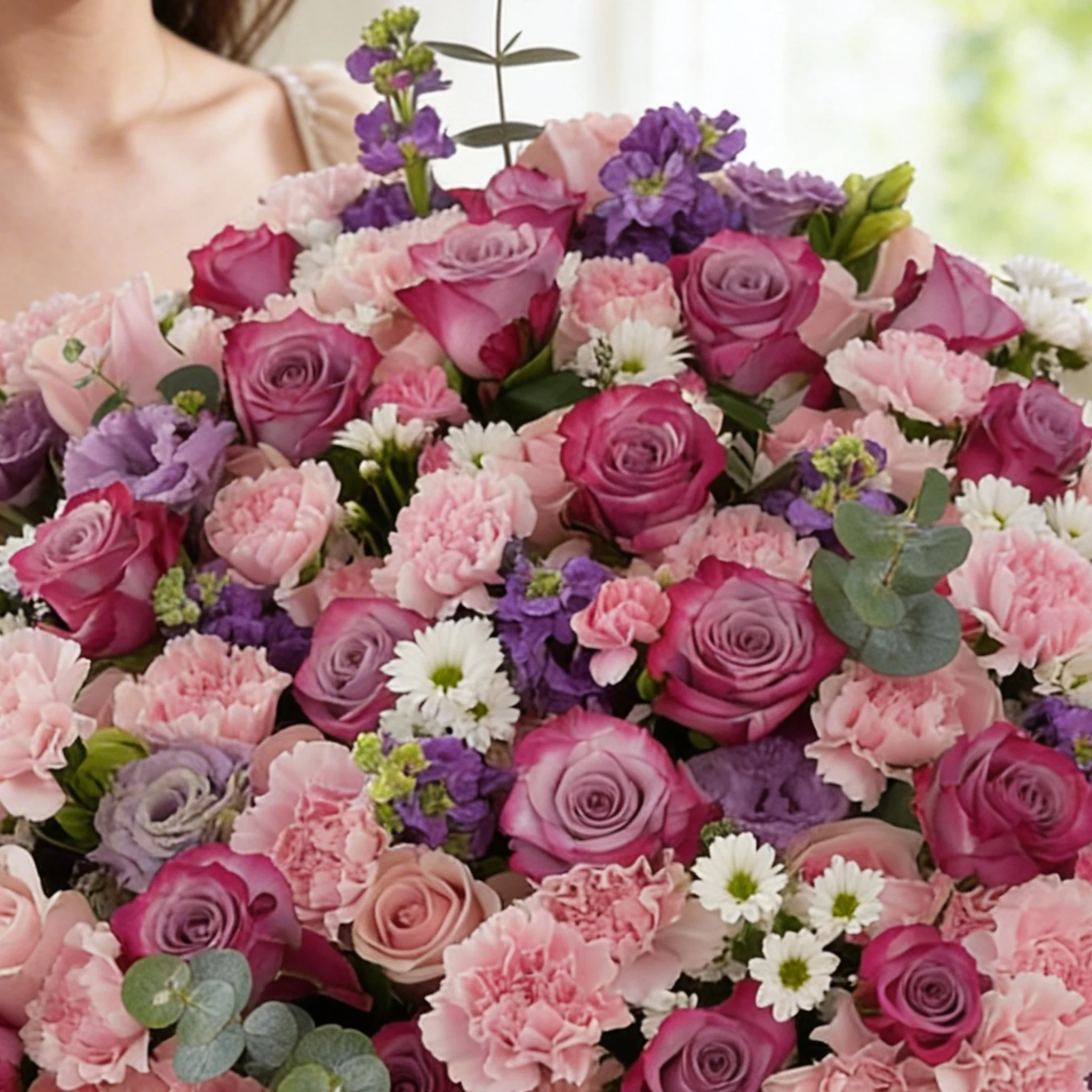 Bouquet of 10 purple matthiola, 10 white chrysanthemums, 10 purple lisianthus, 30 pink carnations, 20 purple roses and 40 pink roses with green fillers in nice wrapping.