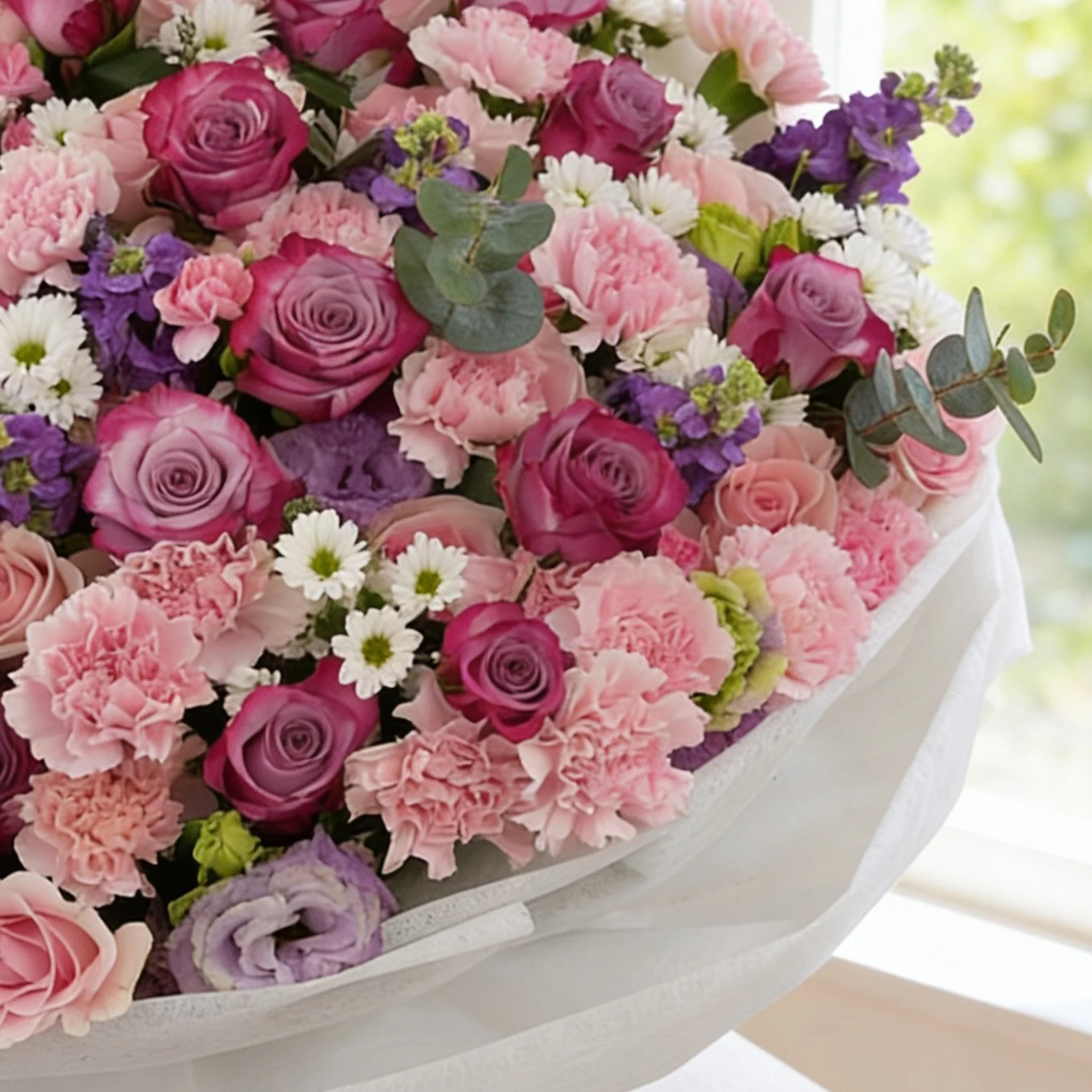 Bouquet of 10 purple matthiola, 10 white chrysanthemums, 10 purple lisianthus, 30 pink carnations, 20 purple roses and 40 pink roses with green fillers in nice wrapping.