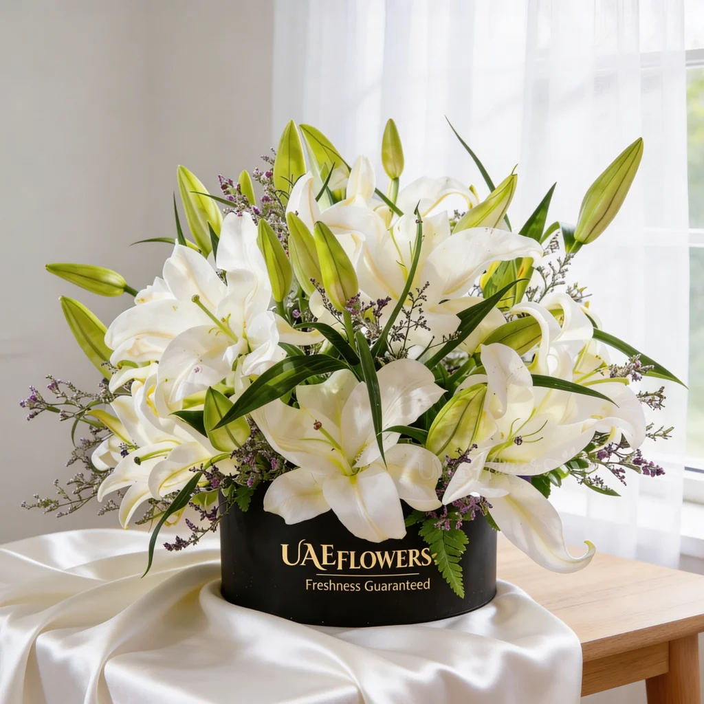 6 white lilies with limonium and green fillers in a black box