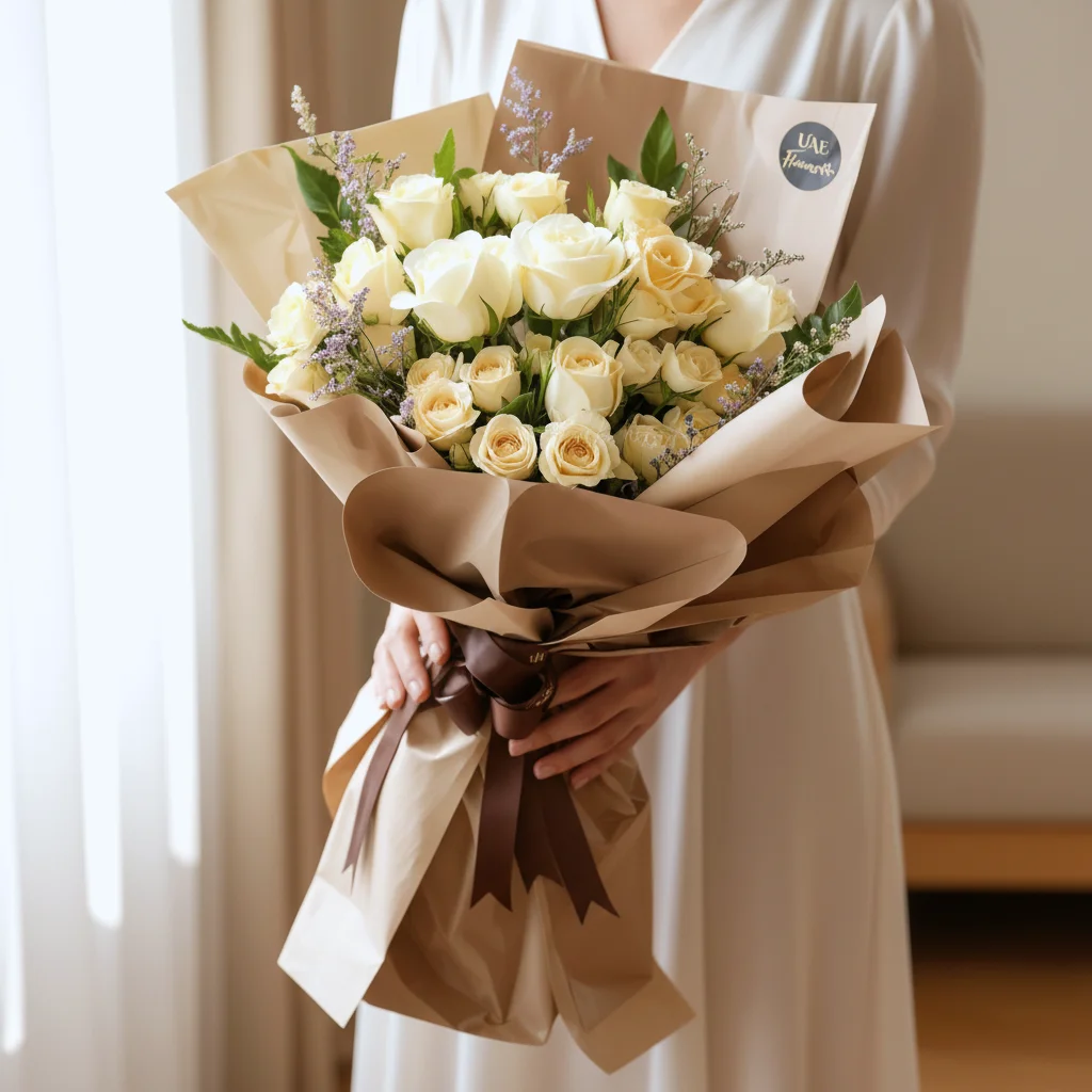 Bouquet of 8 white and peach roses with 2 peach spray roses and green fillers, wrapped in paper and tied with ribbons.