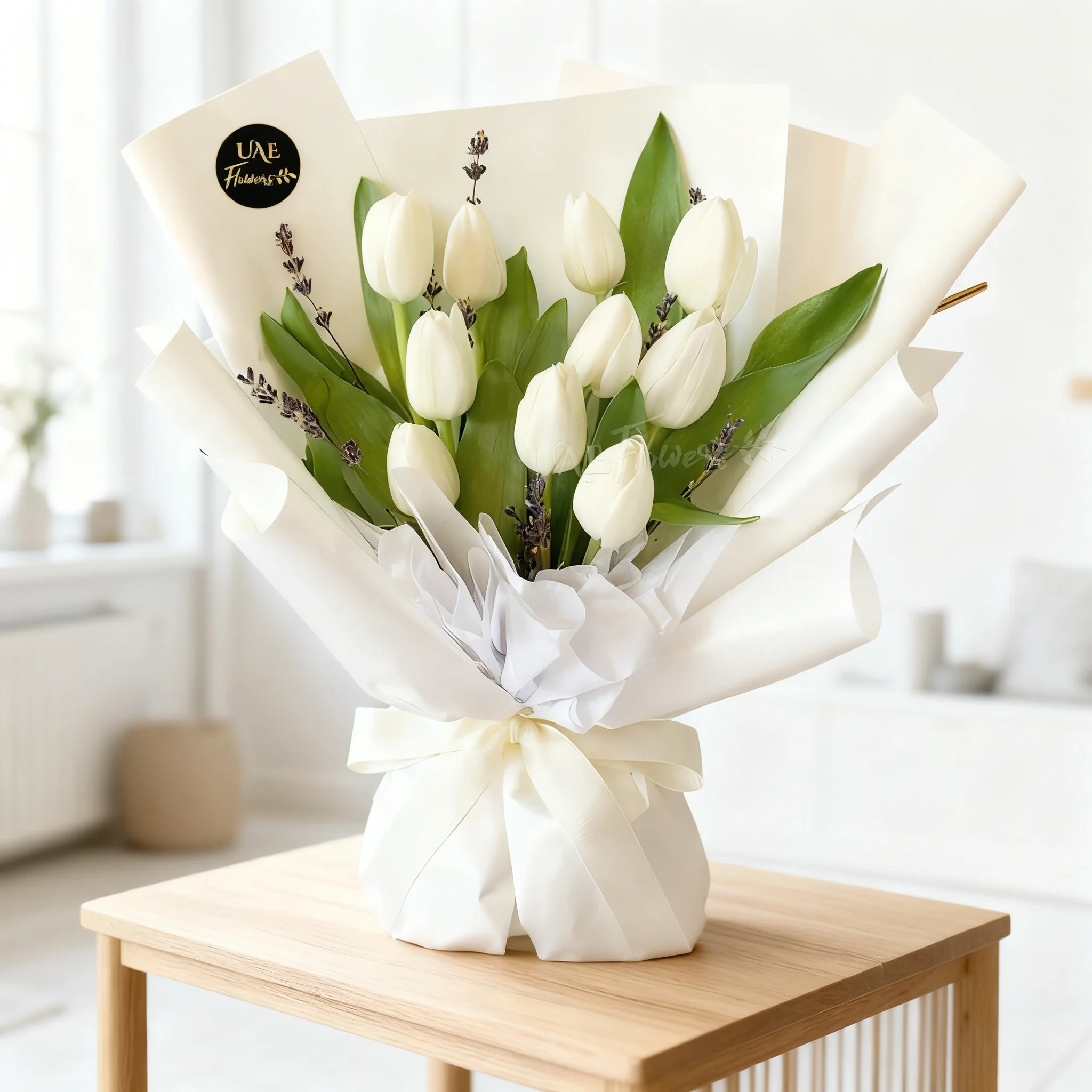 A bouquet of 10 white tulips in white wrapping paper tied with white ribbon