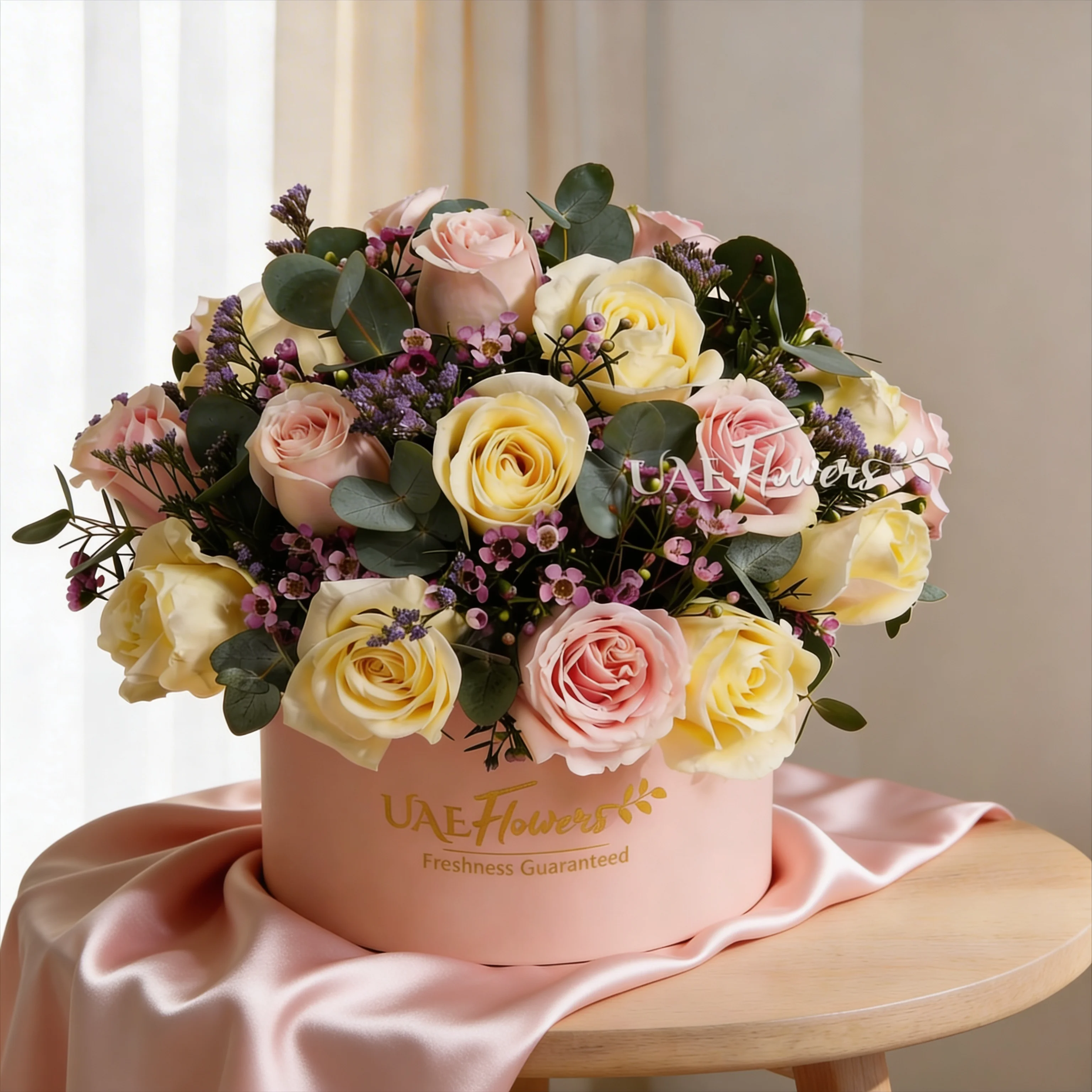20 pink & white roses with fillers in a pink box