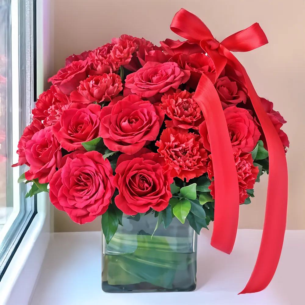 Red Roses & Red Carnations in a Vase