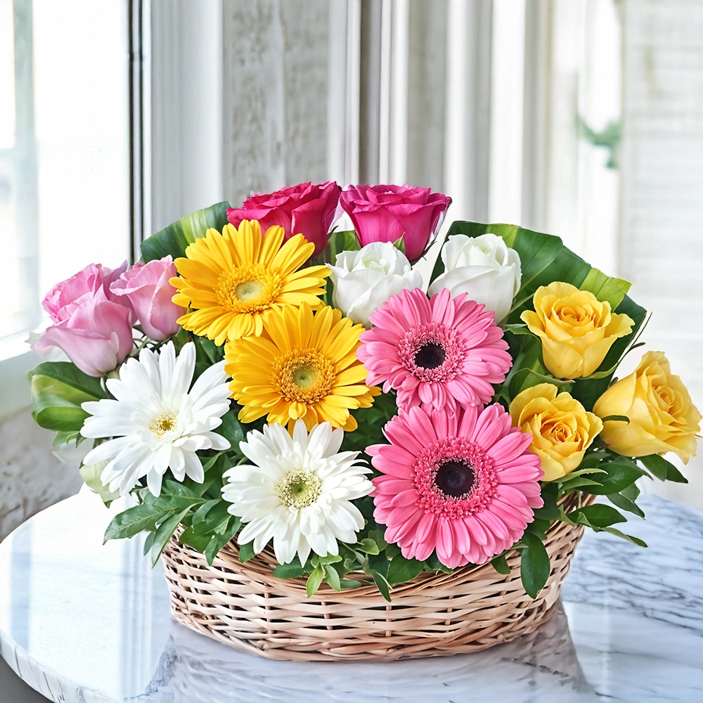 Mixed Gerberas & Mixed Roses in a Basket
