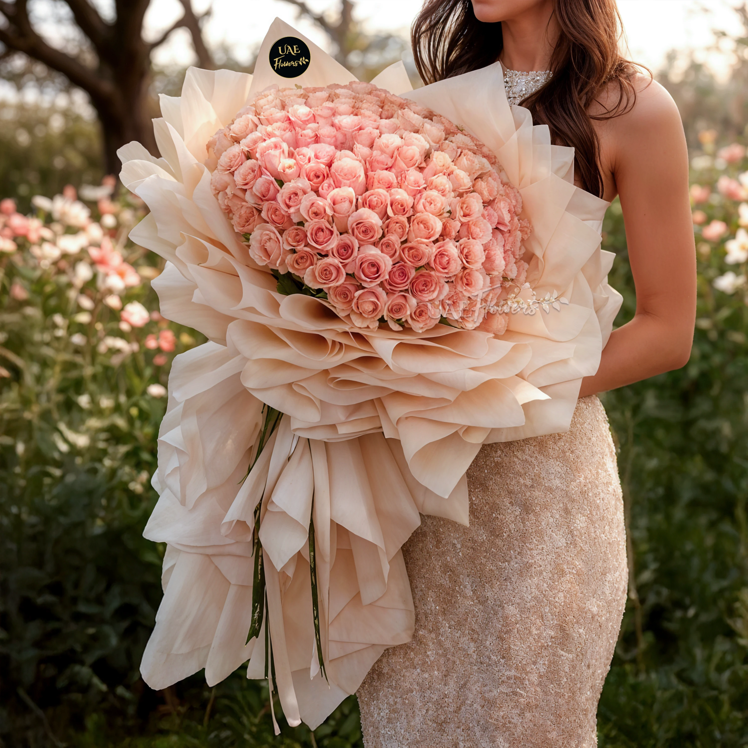 bouquet of 100 pink roses wrapped in pink paper and tied with ribbons