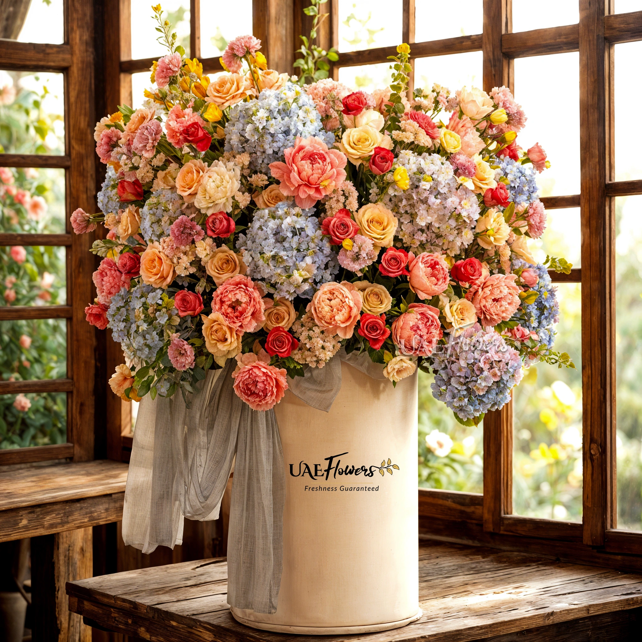 An arrangement of blue hydrangeas, pink peonies, purple roses, purple lisianthus, peach roses and purple chrysanthemums with green fillers and blue net in a tall round box.