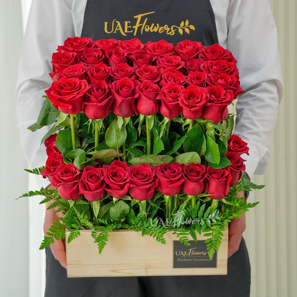 Red Roses in Wooden Tray
