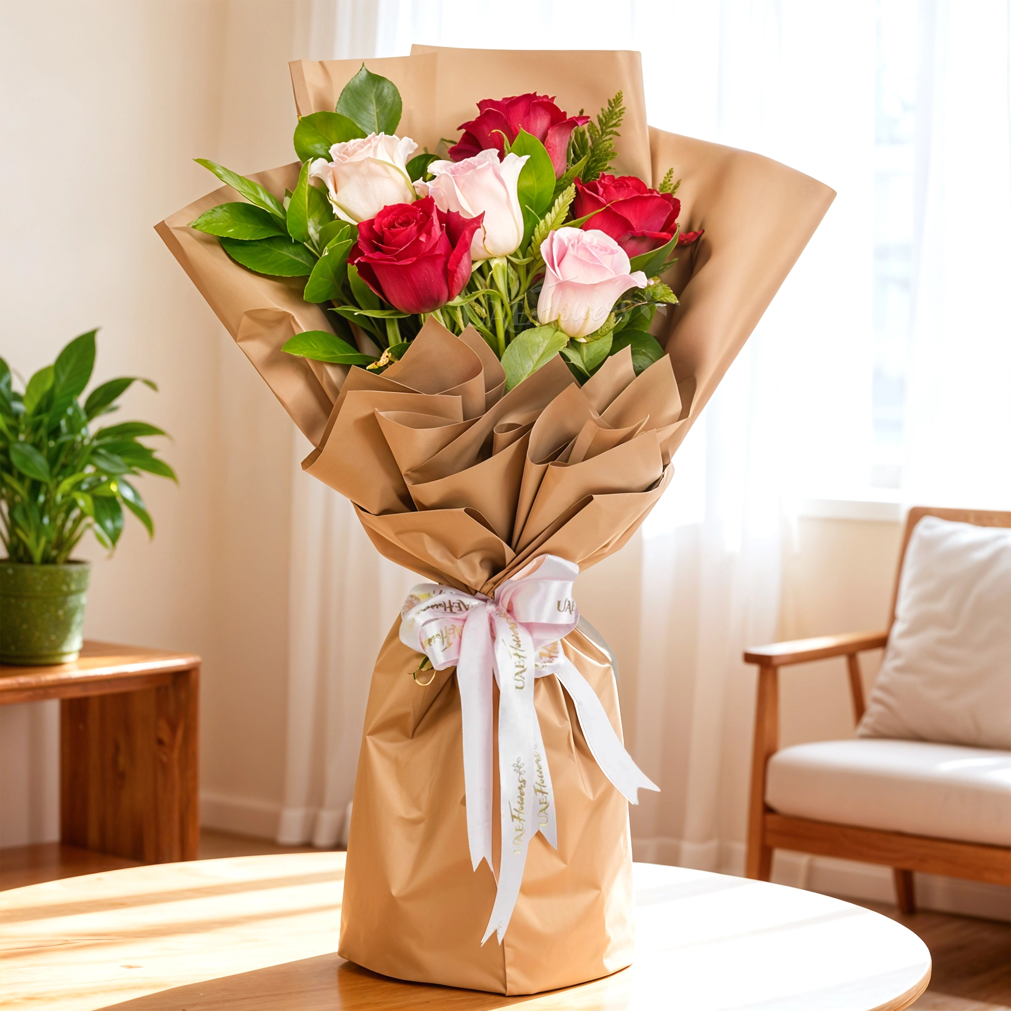bouquet of 3 red and 3 pink roses with green fillers