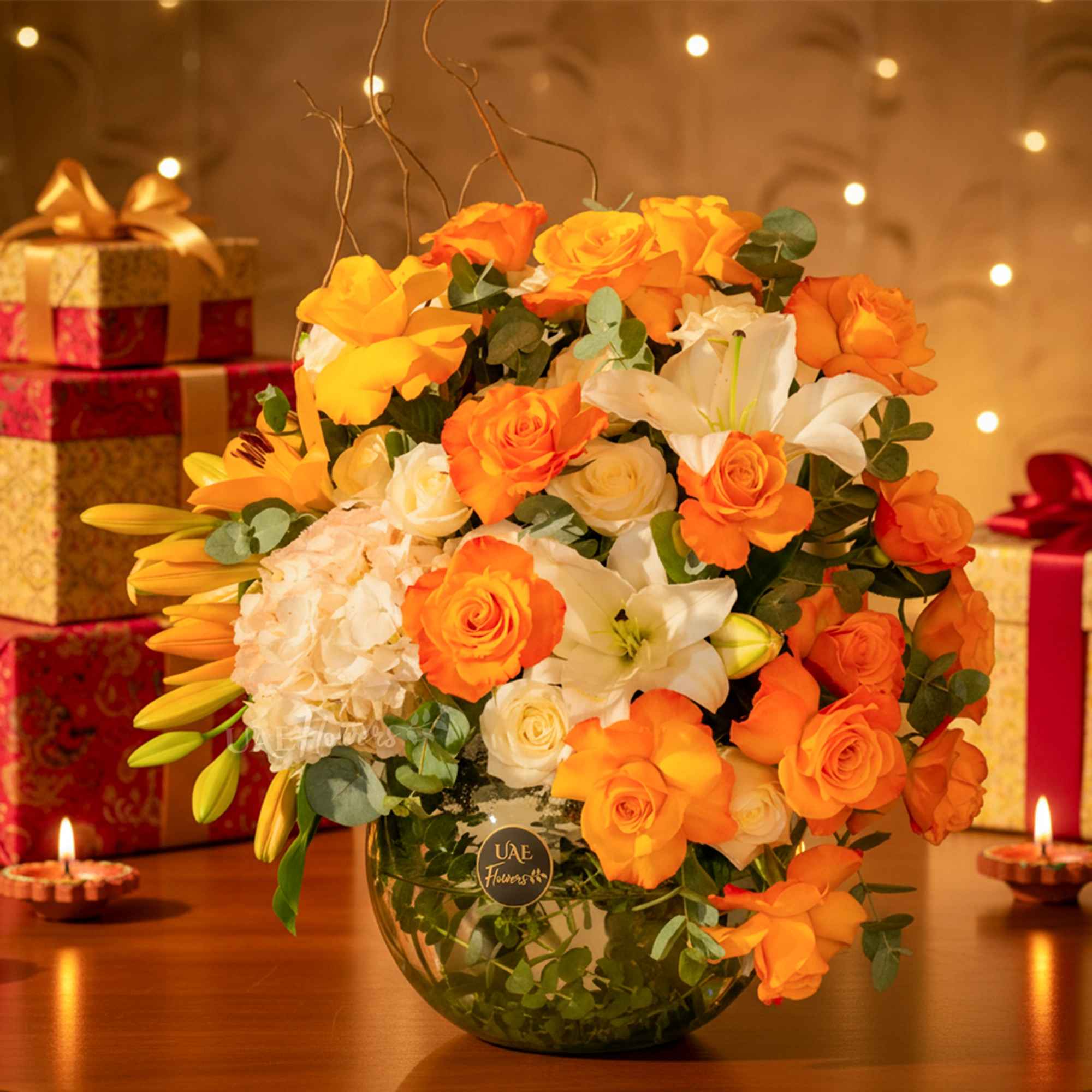 Orange roses, white lilies, and hydrangeas in glass vase for Diwali by UAE Flowers Dubai