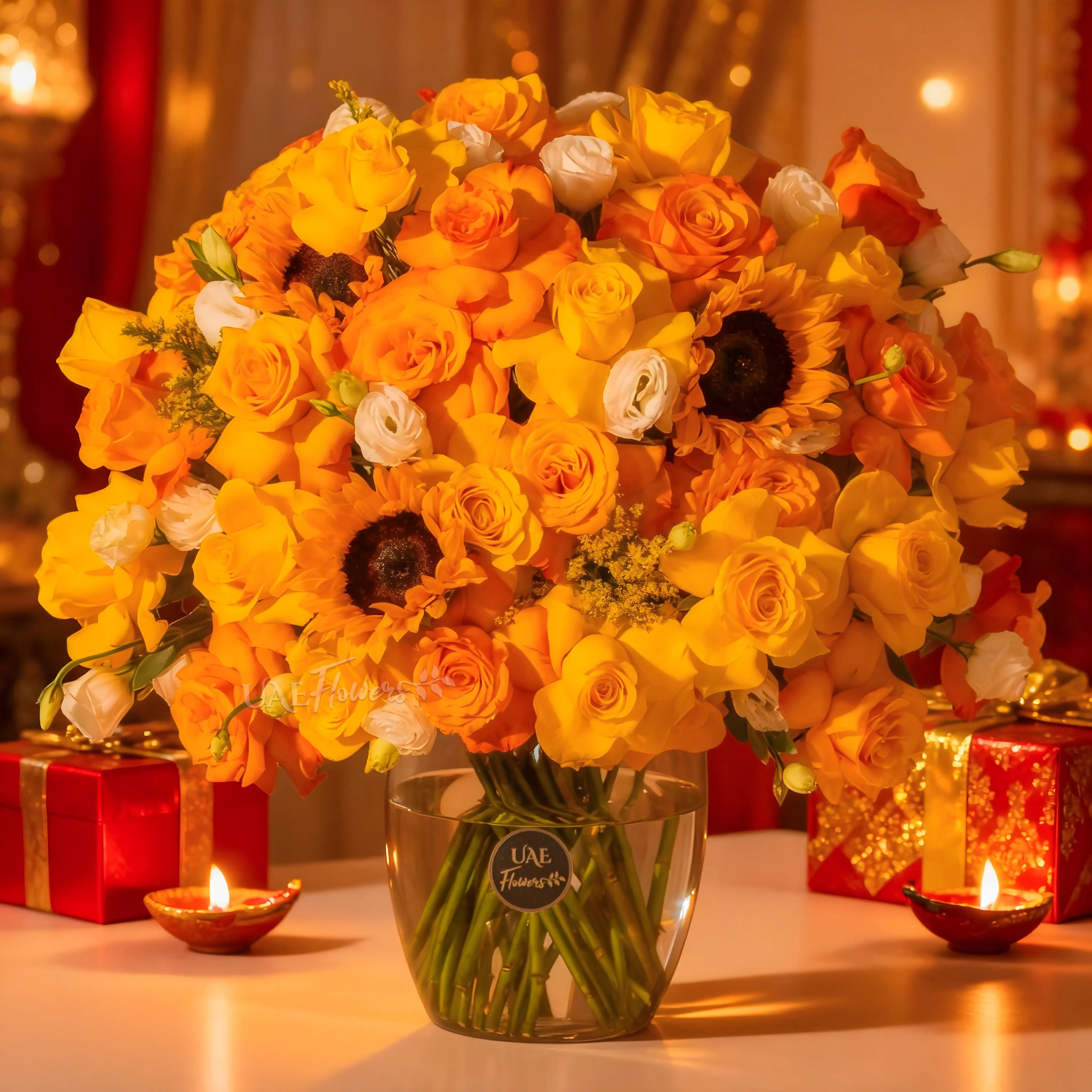 Yellow, orange, and white roses with sunflowers in glass vase for Diwali by UAE Flowers Dubai