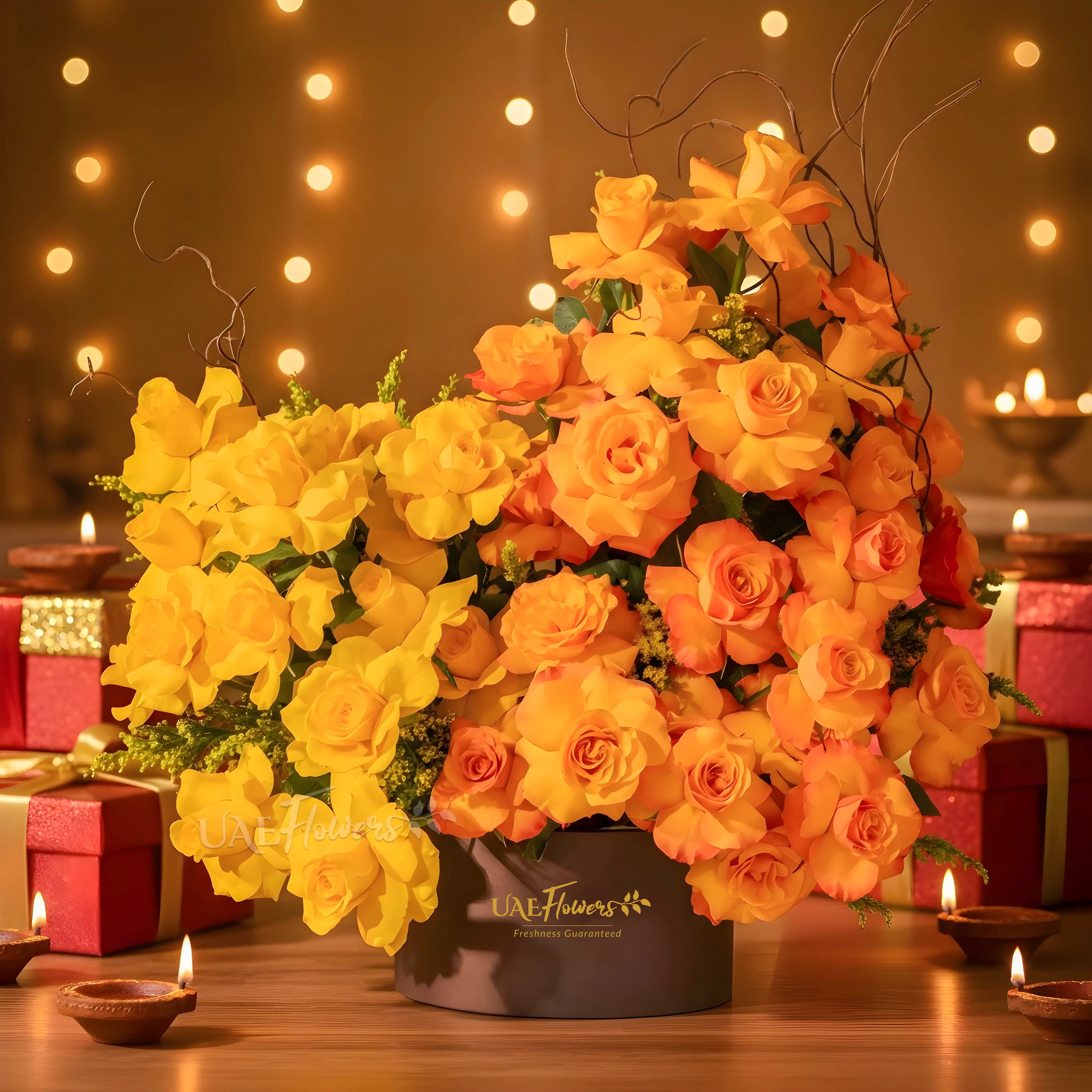 Yellow and orange roses in luxury hatbox for Diwali by UAE Flowers Dubai
