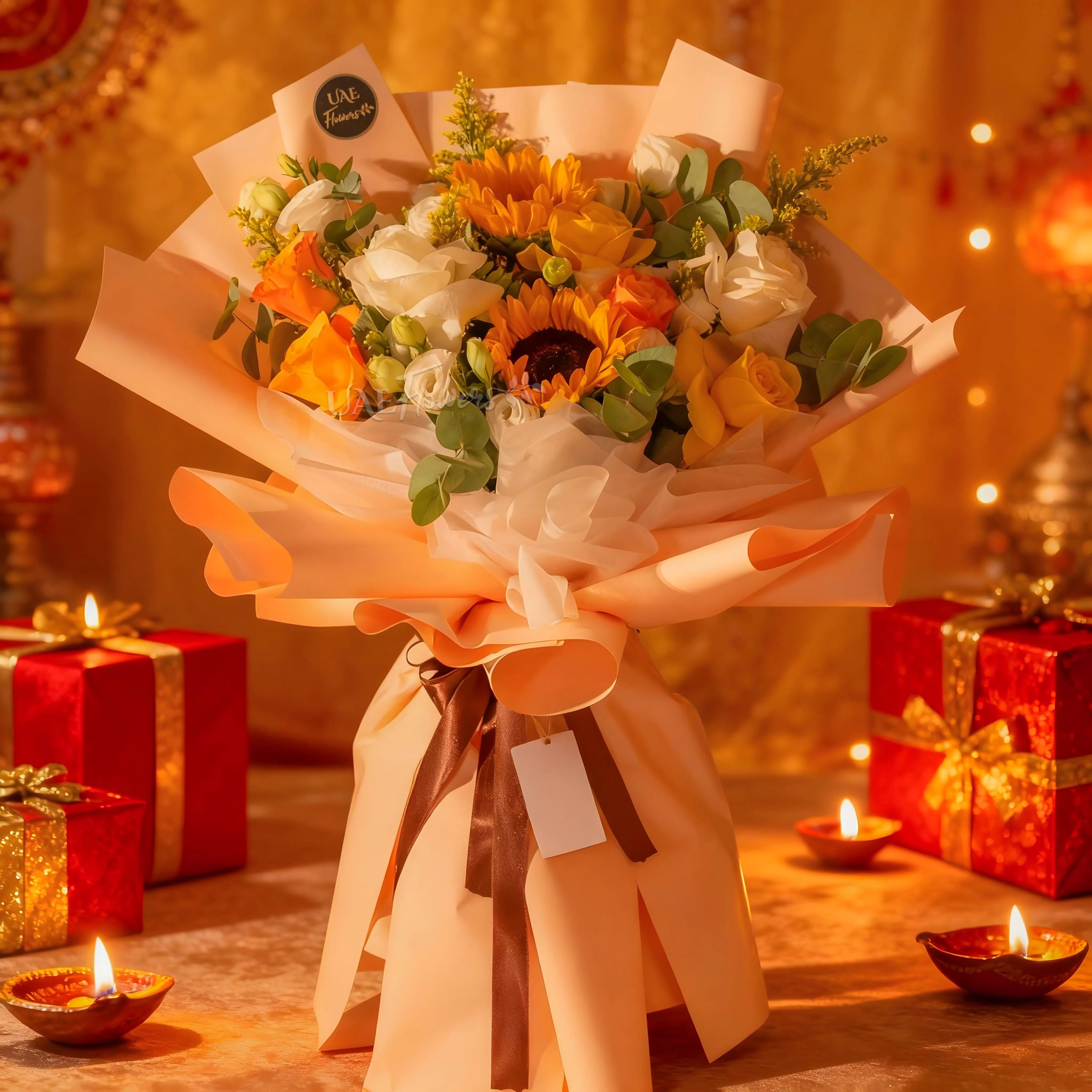 Sunflowers, yellow and white roses bouquet wrapped for Diwali by UAE Flowers Dubai