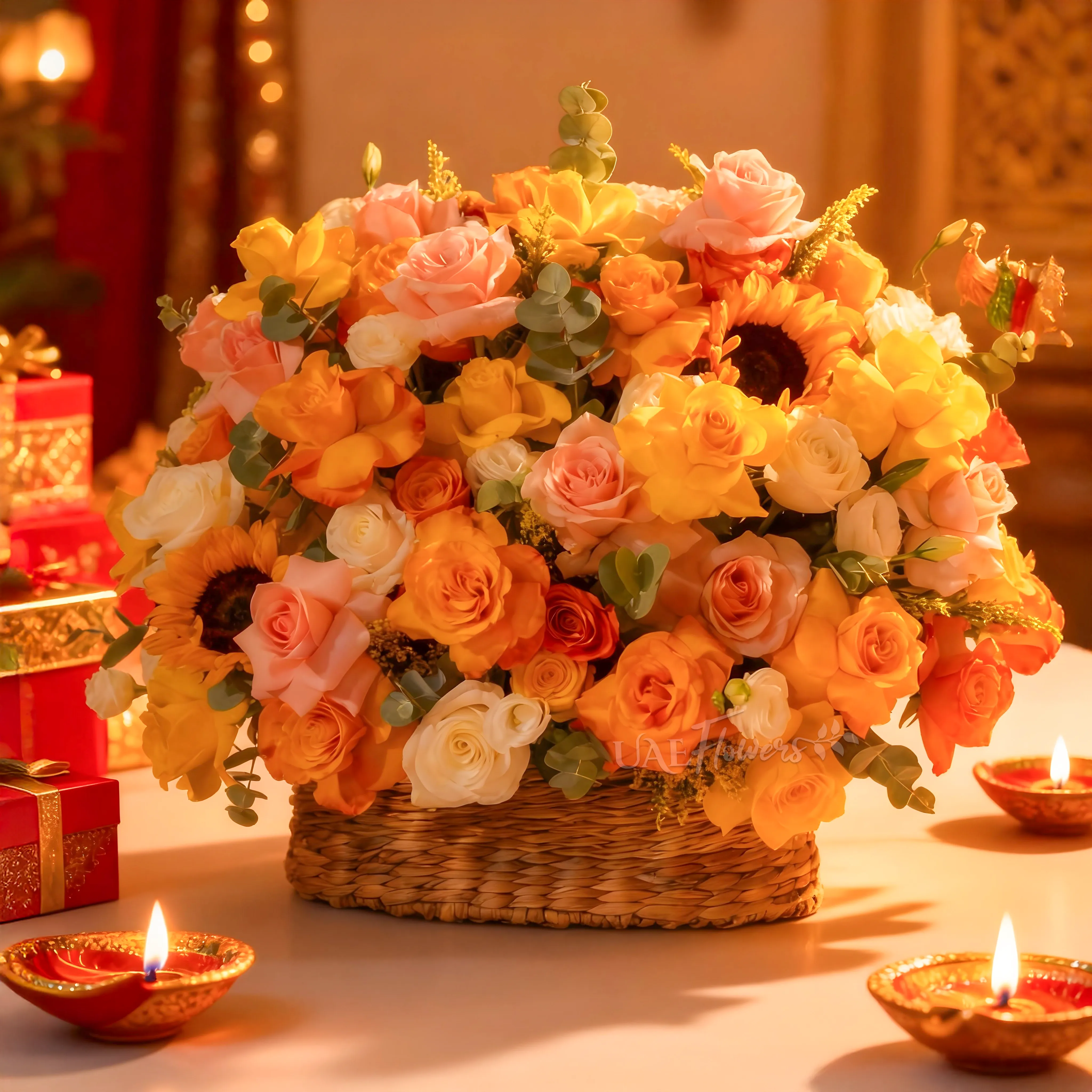Yellow, peach, and orange roses with sunflowers in basket for Diwali by UAE Flowers Dubai