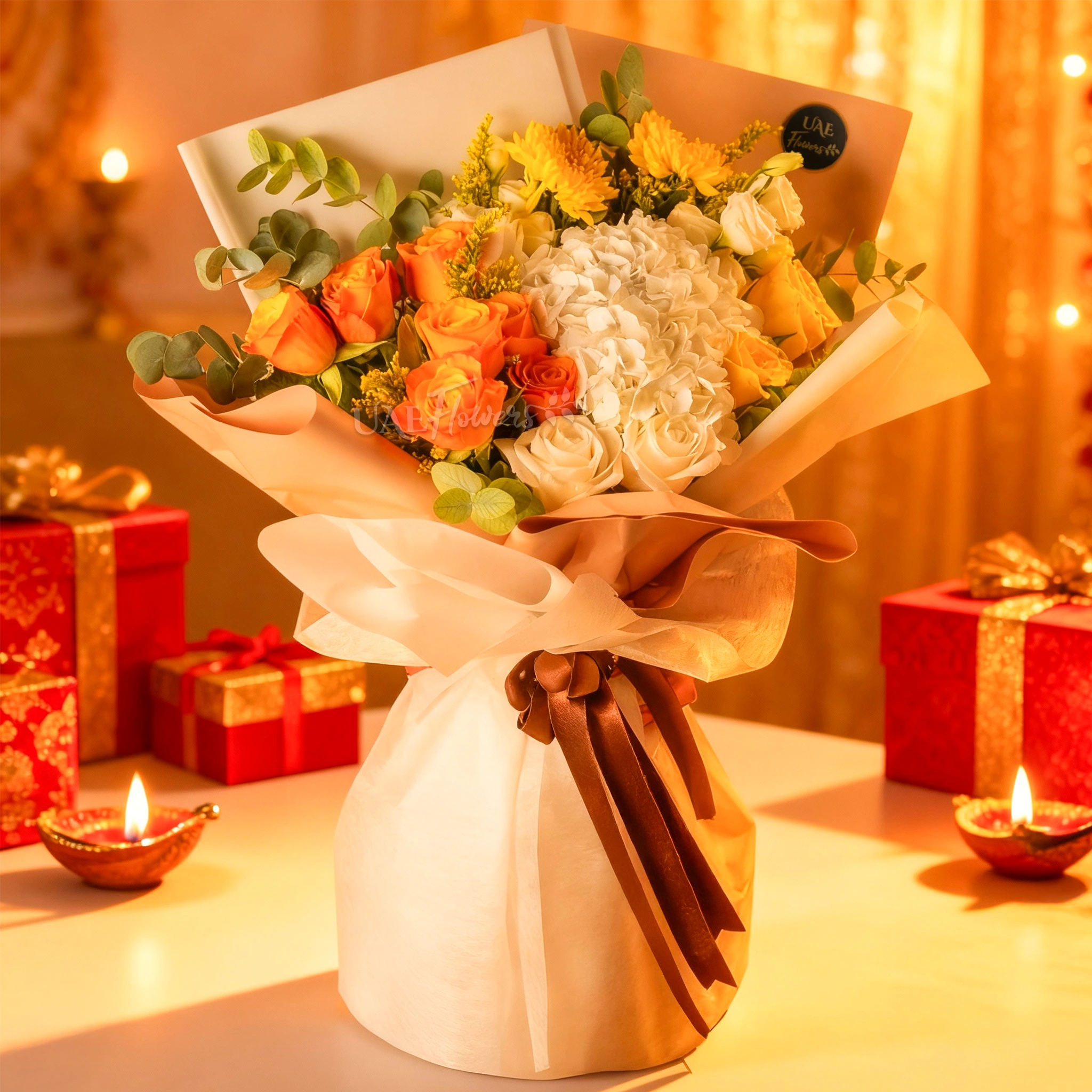 Orange, yellow, and white flower bouquet wrapped in elegant paper for Diwali by UAE Flowers Dubai