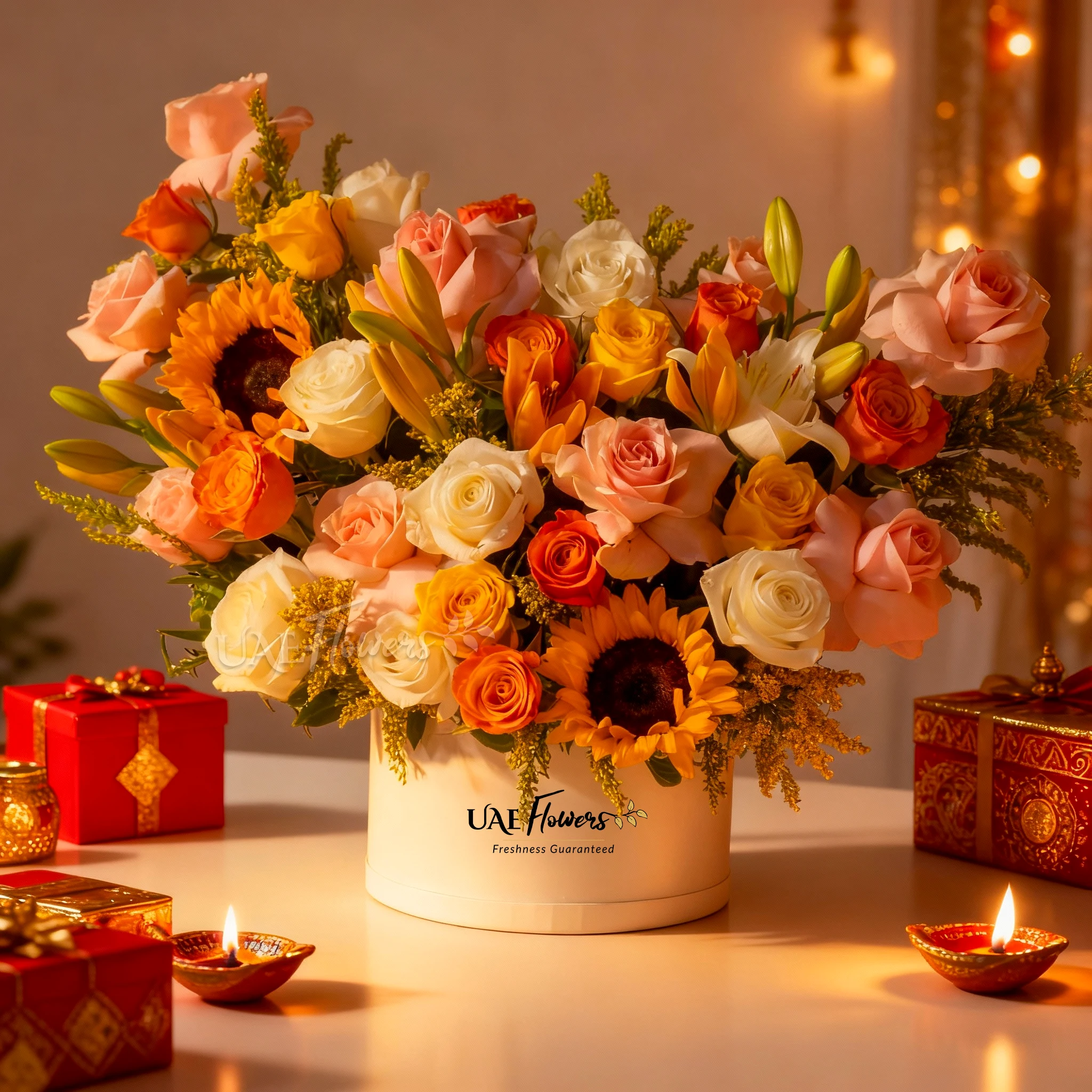 Sunflowers, lilies, and roses in a luxury white hatbox for Diwali by UAE Flowers Dubai