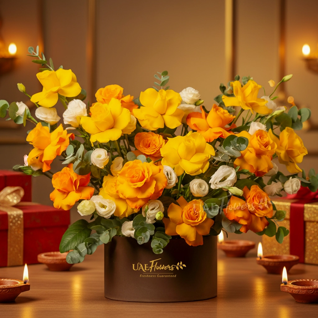 Yellow, orange, and white roses in luxury hatbox for Diwali by UAE Flowers Dubai