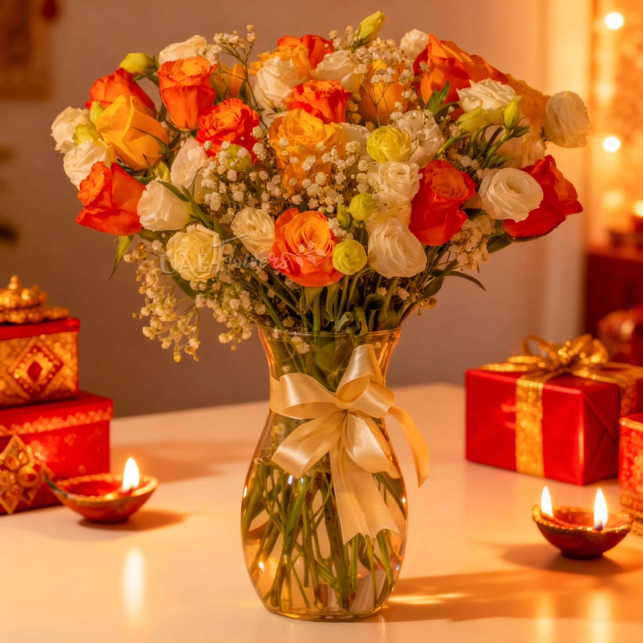 Orange, yellow, and white roses in glass vase for Diwali by UAE Flowers Dubai
