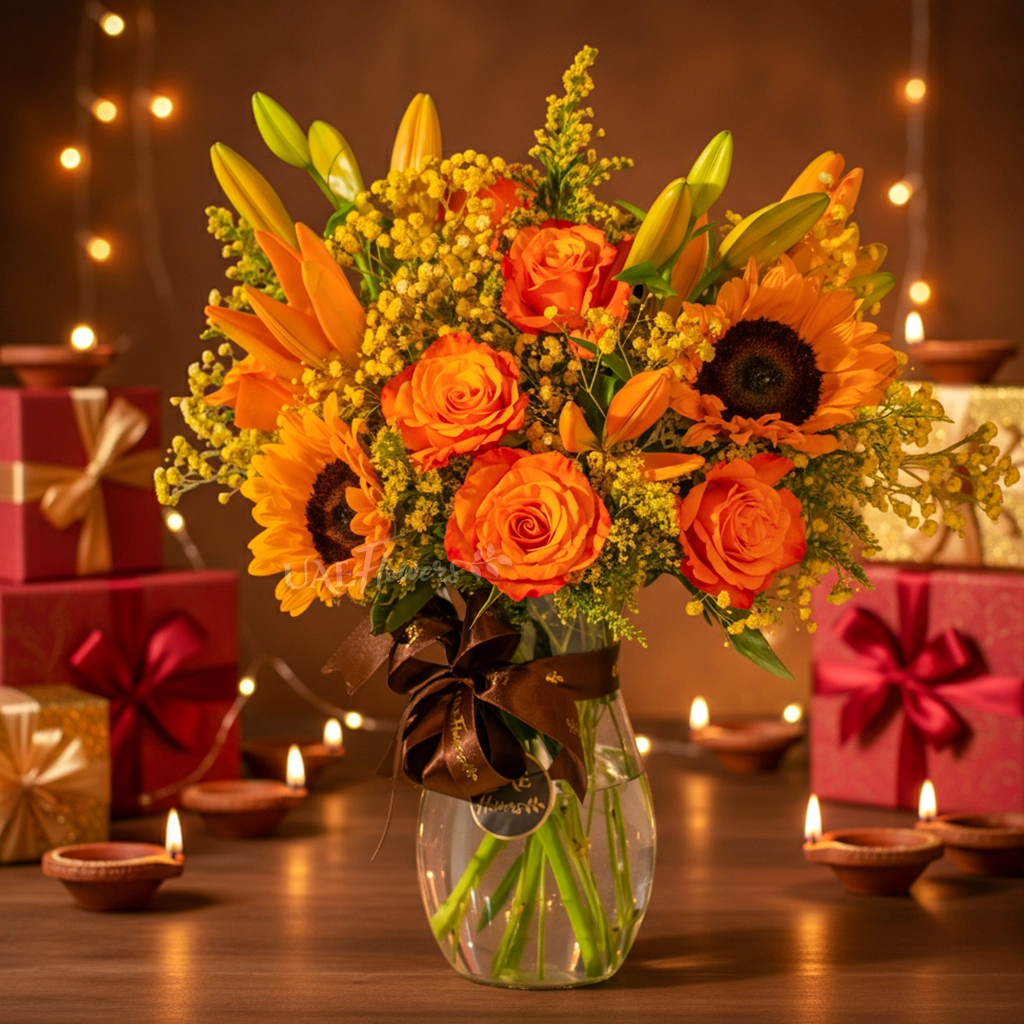 Sunflowers, orange roses, and lilies in a glass vase for Diwali by UAE Flowers Dubai