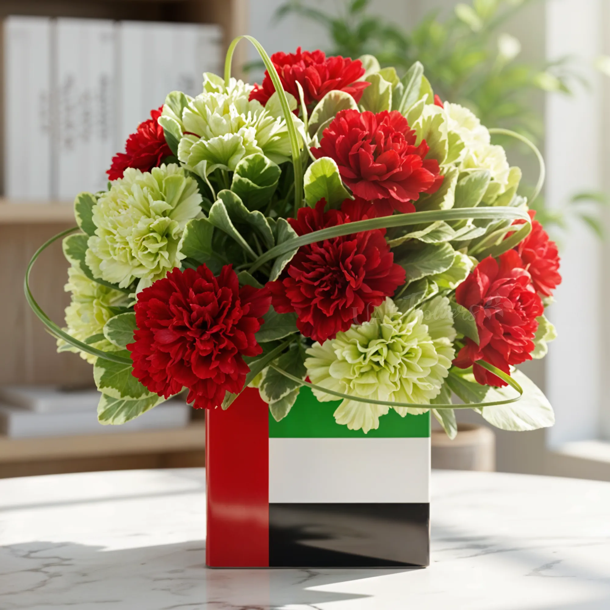 18 red and green carnations with fillers in a cube glass vase