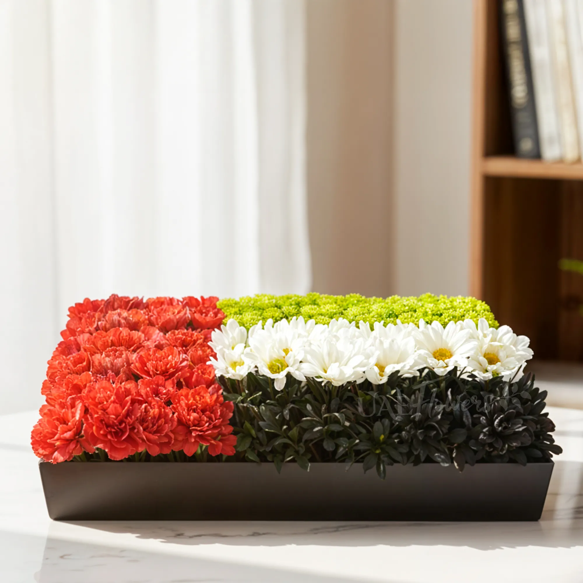 A 30 Red Roses, 8 Green Buttons Chrysanthemum, 8 White Chrysanthemum and 8 Black Sprayed Chrysanthemum arranged in a black tray