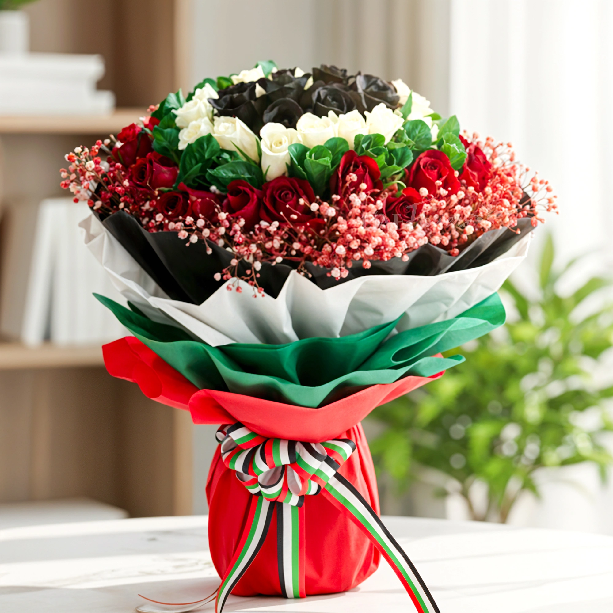 A bouquet of 40 red, green, white, and black sprayed roses with gypsophila and fillers in beautiful wrapping paper, tied with a ribbon