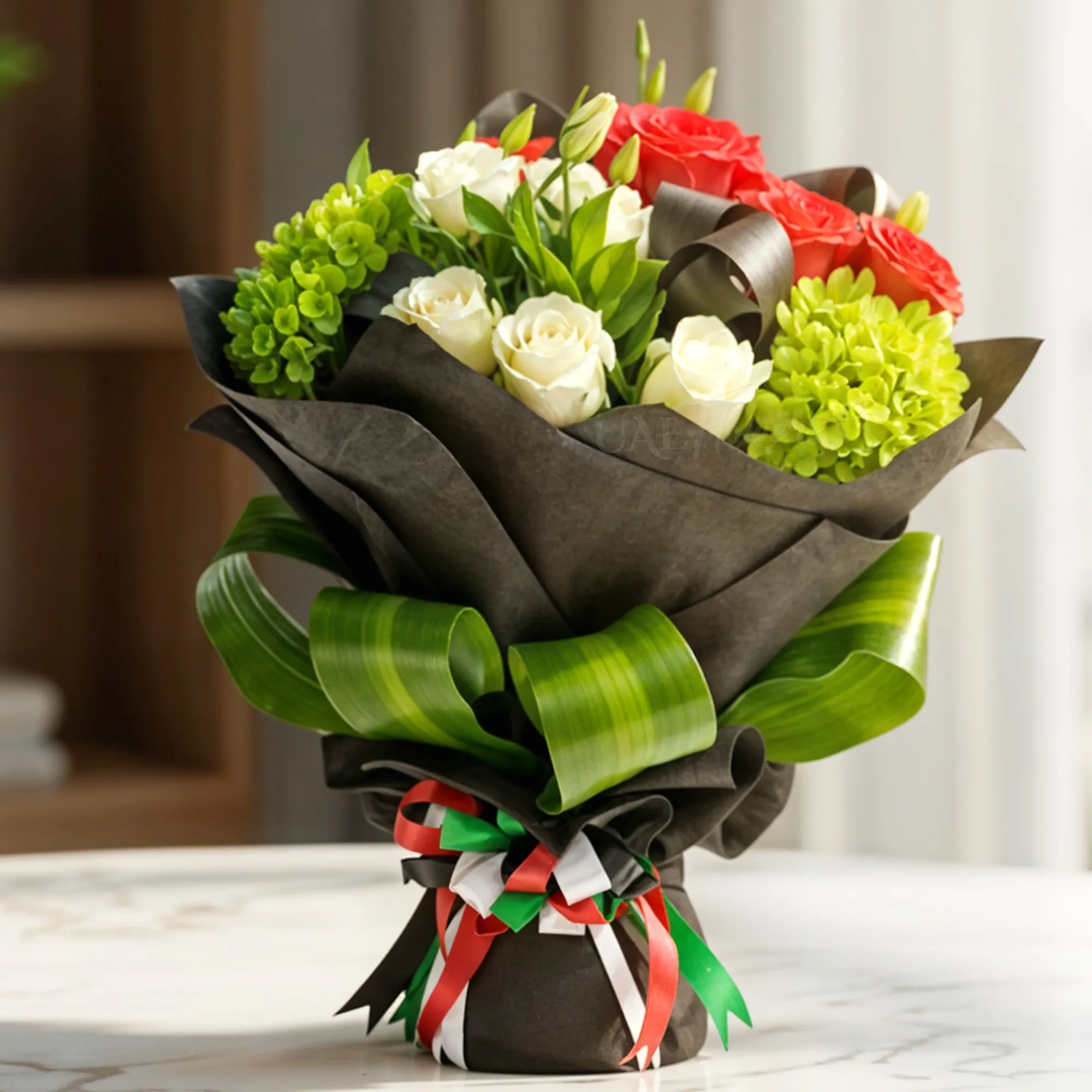A 12 red and white roses, 2 green hydrangeas and fillers in black wrapping paper tied with black ribbon