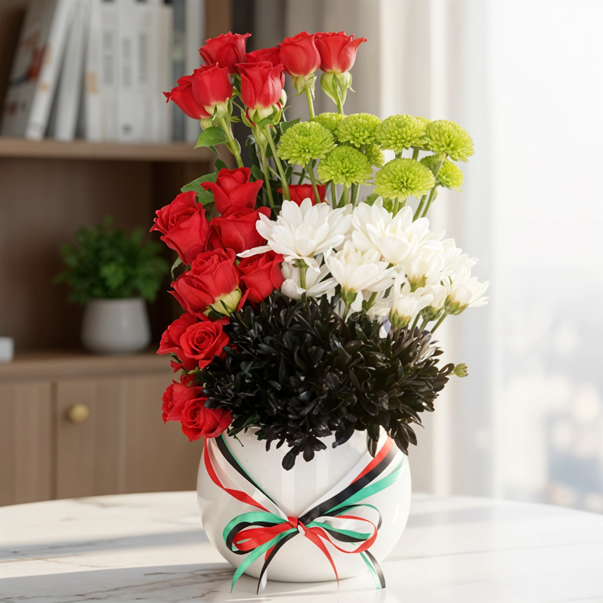 21 red roses, 5 white chrysanthemums, 5 black sprayed chrysanthemums, and 5 green button chrysanthemums in a white box.