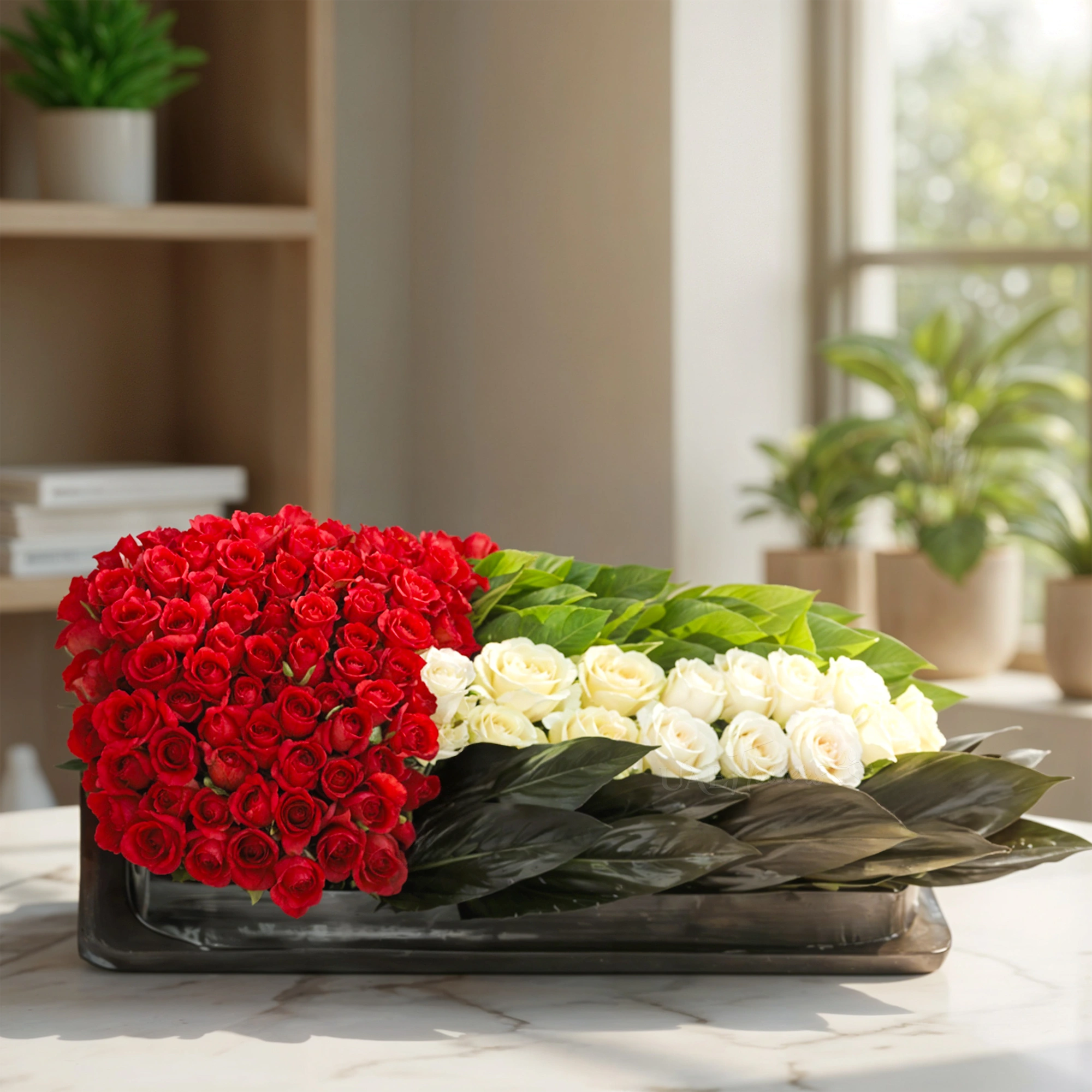 25 red spray roses, 12 white roses with green, and sprayed black leaf in the black tray